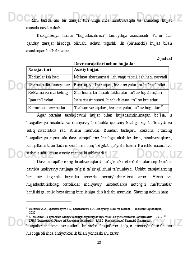 Shu   tarzda   har   bir   xarajat   turi   unga   mos   hisobvaraqda   va   amaldagi   hujjat
asosida qayd etiladi. 
Buxgalteriya   hisobi   “hujjatlashtirish”   tamoyiliga   asoslanadi.   Ya’ni,   har
qanday   xarajat   hisobga   olinishi   uchun   tegishli   ilk   (birlamchi)   hujjat   bilan
asoslangan bo‘lishi zarur. 
2-jadval
Davr xarajatlari uchun hujjatlar 
Xarajat turi  Asosiy hujjat 
Xodimlar ish haqi  Mehnat shartnomasi, ish vaqti tabeli, ish haqi naryadi
Xizmat safari xarajatlari  Buyruq, yo‘l varaqasi, kvitansiyalar, safar hisobotlari 
Reklama va marketing  Shartnomalar, hisob-fakturalar, to‘lov topshiriqlari 
Ijara to‘lovlari  Ijara shartnomasi, hisob-faktura, to‘lov hujjatlari 
Kommunal xizmatlar  Tushum varaqalari, kvitansiyalar, to‘lov hujjatlari 25
. 
Agar   xarajat   tasdiqlovchi   hujjat   bilan   hujjatlashtirilmagan   bo‘lsa,   u
buxgalteriya   hisobida   va   moliyaviy   hisobotda   qonuniy   kuchga   ega   bo‘lmaydi   va
soliq   nazoratida   rad   etilishi   mumkin.   Bundan   tashqari,   korxona   o‘zining
buxgalteriya   siyosatida   davr   xarajatlarini   hisobga   olish   tartibini,   hisobvaraqlarni,
xarajatlarni tasniflash mezonlarini aniq belgilab qo‘yishi lozim. Bu ichki nazorat va
tashqi audit uchun asosiy manba hisoblanadi  26
. 
Davr   xarajatlarining   hisobvaraqlarda   to‘g‘ri   aks   ettirilishi   ularning   hisobot
davrida moliyaviy natijaga to‘g‘ri ta’sir qilishini ta’minlaydi. Ushbu xarajatlarning
har   biri   tegishli   hujjatlar   asosida   rasmiylashtirilishi   zarur.   Hisob   va
hujjatlashtirishdagi   xatoliklar   moliyaviy   hisobotlarda   noto‘g‘ri   ma’lumotlar
berilishiga, soliq bazasining buzilishiga olib kelishi mumkin. Shuning uchun ham 
 
24
Karimov A.A., Qurbonboyev J.E., Jumanazarov S.A. Moliyaviy hisob va hisobot. – Toshkent: Iqtisodiyot, 
2022. 
25
O‘zbekiston Respublikasi Moliya vazirligining buxgalteriya hisobi bo‘yicha metodik ko‘rsatmalari. – 2019.  26
 
IFRS (International Financial Reporting Standards) – IAS 1: Presentation of Financial Statements. 
buxgalterlar   davr   xarajatlari   bo‘yicha   hujjatlarni   to‘g‘ri   rasmiylashtirishi   va
hisobga olishda ehtiyotkorlik bilan yondashishi zarur. 
28  
  
