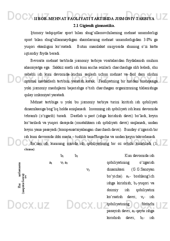 II BOB.  MEHNAT  FAOLIYATI TARTIBIDA JISMONIY TARBIYA
2.1  Gigienik gimnastika.
Ijtimoiy   tadqiqotlar   sport   bilan   shug‘ullanuvchilarning   mehnat   unumdorligi
sport   bilan   shug‘ullanmaydigan   shaxslarning   mehnat   unumdorligidan   3-8%   ga
yuqori   ekanligini   ko‘rsatadi.     Butun   mamlakat   miqyosida   shuning   o‘zi   katta
iqtisodiy foyda beradi.
Bevosita   mehnat   tartibida   jismoniy   tarbiya   vositalaridan   foydalanish   muhim
ahamiyatga ega.  Sakkiz soatli ish kuni ancha sezilarli charchashga olib keladi, shu
sababli   ish   kuni   davomida   kuchni   saqlash   uchun   mehnat   va   faol   dam   olishni
optimal   navbatlash   tartibini   yaratish   kerak.     Faoliyatning   bir   turidan   boshqasiga
yoki   jismoniy   mashqlarni   bajarishga   o‘tish   charchagan   organizmning   tiklanishiga
qulay imkoniyat yaratadi. 
Mehnat   tartibiga   u   yoki   bu   jismoniy   tarbiya   turini   kiritish   ish   qobiliyati
dinamikasiga bog‘liq holda aniqlanadi.  Insonning ish qobiliyati ish kuni davomida
tebranib   (o‘zgarib)   turadi.     Dastlab   u   past   (ishga   kirishish   davri)   bo‘ladi,   keyin
ko‘tariladi   va   yuqori   darajada   (mustahkam   ish   qobiliyati   davri)   saqlanadi,   undan
keyin yana pasayadi (kompensatsiyalangan charchash davri).  Bunday o‘zgarish bir
ish kuni davomida ikki marta – tushlik tanaffusgacha va undan keyin takrorlanadi.
Ba’zan   ish   kunining   oxirida   ish   qobiliyatining   bir   oz   ortishi   kuzatiladi   (1 -
chizma).
b
1 b
2
a
1 v
1 a
2
v
2
g            Kun davomida ish
qobiliyatining   o‘zgarish
dinamikasi   (G.G.Sanoyan
bo‘yicha).   a
1 -   boshlang‘ich
ishga   kirishish;   b
1 -yuqori   va
doimiy   ish   qobiliyatini
ko‘rsatish   davri;   v
1 -   ish
qobiliyatining   birinchi
pasayish davri; a
2 -qayta ishga
kirishish   davri;   b
2 -   ishИш 
қобилияти 	
(шартли белги)