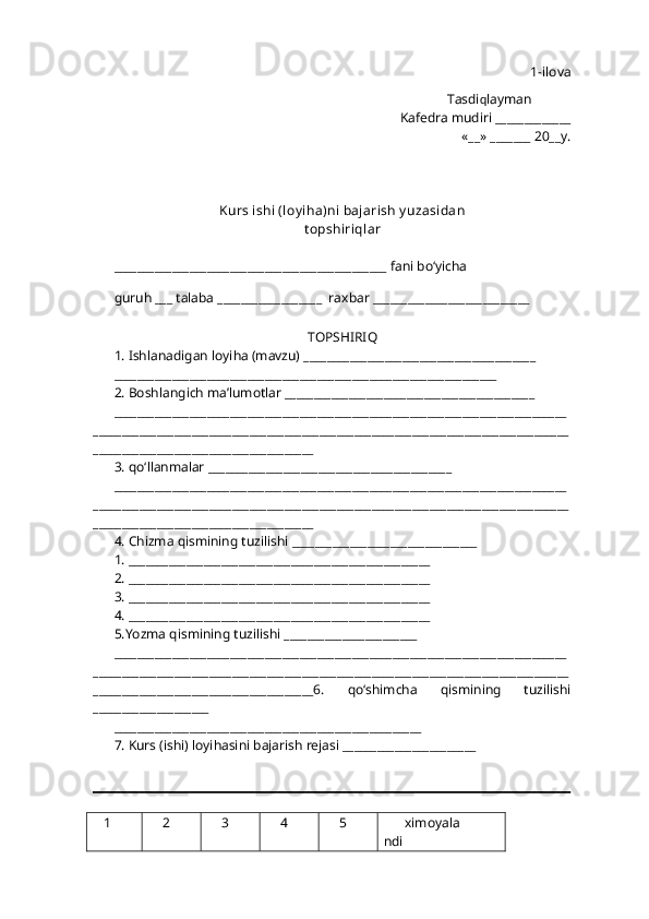 1-ilova
                                                                                                   Tasdi q layman
Kafedra mudiri _____________
«__» _______ 20__y.
Kurs ishi (loy iha)ni bajarish y uzasidan 
t opshiri q lar
_______________________________________________ fani b o‘ yicha 
guru h  ___ talaba __________________  ra x bar ___________________________ 
TOPSHIRI Q
1. Ishlanadigan loyi h a (mavzu) ________________________________________
__________________________________________________________________
2. Boshla ng ich ma’lumotlar ___________________________________________
______________________________________________________________________________
__________________________________________________________________________________
______________________________________
3.  qo‘ llanmalar __________________________________________
______________________________________________________________________________
__________________________________________________________________________________
______________________________________
4. Chizma  q ismining tuzilishi ________________________________
1. ____________________________________________________
2. ____________________________________________________
3. ____________________________________________________
4. ____________________________________________________
5.Yozma  q ismining tuzilishi _______________________
______________________________________________________________________________
__________________________________________________________________________________
______________________________________6.   qo‘ shimcha   q ismining   tuzilishi
____________________
_____________________________________________________
7. Kurs (ishi) loyi h asini bajarish rejasi _______________________
1 2 3 4 5 x imoyala
ndi 