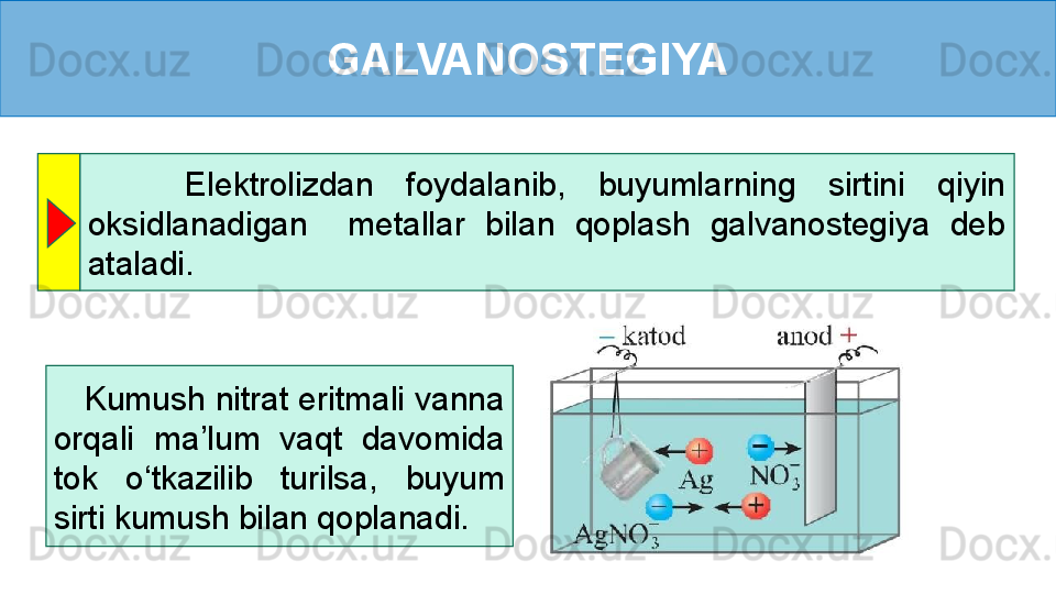 GALVANOSTEGIYA
      Elektrolizdan  foydalanib,  buyumlarning  sirtini  qiyin 
oksidlanadigan    metallar  bilan  qoplash  galvanostegiya  deb 
ataladi.
    Kumush nitrat eritmali vanna 
orqali  ma’lum  vaqt  davomida 
tok  o‘tkazilib  turilsa,  buyum 
sirti kumush bilan qoplanadi. 