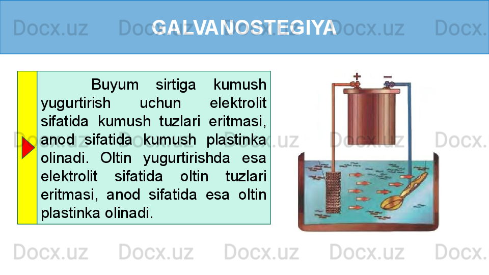 GALVANOSTEGIYA
      Buyum  sirtiga  kumush 
yugurtirish  uchun  elektrolit 
sifatida  kumush  tuzlari  eritmasi, 
anod  sifatida  kumush  plastinka 
olinadi.  Oltin  yugurtirishda  esa 
elektrolit  sifatida  oltin  tuzlari 
eritmasi,  anod  sifatida  esa  oltin 
plastinka olinadi. 