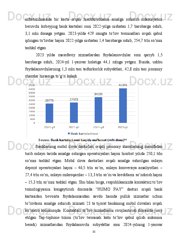 infratuzilmasida   bir   karta   orqali   hisobkitoblarini   amalga   oshirish   imkoniyatini
beruvchi   kobeyjing   bank   kartalari   soni   2022-yilga   nisbatan   1,7   barobarga   oshib,
3,1   mln   donaga   yetgan.   2023-yilda   429   mingta   to lov   terminallari   orqali   qabulʻ
qilingan to lovlar hajmi 2022-yilga nisbatan 1,4 barobarga oshib, 254,7 trln so mni	
ʻ ʻ
tashkil etgan.
2023   yilda   masofaviy   xizmatlardan   foydalanuvchilar   soni   qariyb   1,5
barobarga   oshib,   2024-yil   1-yanvar   holatiga   44,1   mlnga   yetgan.   Bunda,   ushbu
foydalanuvchilarning 1,3 mln tasi tadbirkorlik subyektlari, 42,8 mln tasi jismoniy
shaxslar hissasiga to g ri keladi.	
ʻ ʻ
Banklarning   mobil   ilova   dasturlari   orqali   jismoniy   shaxslarning   masofadan
turib onlayn tarzda amalga oshirgan operatsiyalari hajmi hisobot  yilida 250,1 trln
so mni   tashkil   etgan.   Mobil   ilova   dasturlari   orqali   amalga   oshirilgan   onlayn	
ʻ
depozit   operatsiyalari   hajmi   –   46,5   trln   so m,   onlayn   konversiya   amaliyotlari   –	
ʻ
27,4 trln so m, onlayn mikroqarzlar – 13,3 trln so m va kreditlarni so ndirish hajmi	
ʻ ʻ ʻ
– 15,3 trln so mni tashkil etgan. Shu bilan birga, respublikamizda kontaktsiz to lov	
ʻ ʻ
texnologiyasini   kengaytirish   doirasida   “HUMO   PAY”   dasturi   orqali   bank
kartasidan   bevosita   foydalanmasdan   savdo   hamda   pullik   xizmatlar   uchun
to lovlarni   amalga   oshirish   xizmati   23   ta   tijorat   bankining   mobil   ilovalari   orqali	
ʻ
ko rsatib   kelinmoqda.   Kontaktsiz   to lov   xizmatlarini   rivojlantirish   doirasida   joriy
ʻ ʻ
etilgan   Tap-tophone   tizimi   (to lov   terminali   kabi   to lov   qabul   qilish   imkonini	
ʻ ʻ
beradi)   xizmatlaridan   foydalanuvchi   subyektlar   soni   2024-yilning   1-yanvar
15 