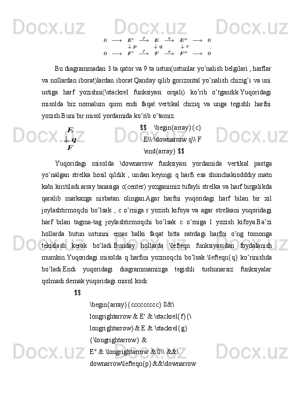 Bu   diagra mm adan   3   ta   q ator   v a   9   t a  u s t un ( us t unlar   y o ’ nalish   be l gila r i   ,   h arfl a r 
va   nolla r d a n   iborat ) l a rd a n   ibo r at. Qa n d ay   qilib   gori zon tal   y o ’ nal i sh   c h i z ig’i   va   u n i 
ustiga   h a rf   y oz i sh n i ( \sta c kr e l   f un k si y a s i   o rqa l i)   ko ’ rib   o ’tg a ndik. Y uqori d a g i
m isolda   b iz   no m al u m   qis m   en d i   faqat   ve r tik a l   chi z iq   va   unga   t e gish l i   h a r f n i 
y ozish. B uni   bir  m i sol   y or d a m ida ko ’ rib o’ t a m i z.
$$   \begin{ar r a y }{c}
E \ \ \downa r row q \ \ F
\ end{a r ra y } $$
Y u qorid ag i   m iso lda   \ downa r row   fu n k s i y a s i   y or d a m i da   v e rtik a l   p as tga
y o ’ nalgan   str el ka   hosil   qildik   ,   un dan   k e y i ng i   q   harfi   esa   s hun c ha ki od d di y   m atn
k a bi   ki r itil ad i.array   t anasiga   c(c e nter)   y oz g ani m iz   t u f a y li   strelka   va   h arf   birgali k da
qar a l i b   m arka z ga   nis b a ta n   o l i n g a n. Ag ar   h ar f ni   y uqorid a gi   h arf   b ila n   b ir   x i l
jo y lashtir m oqchi   bo ’l sak   ,   c   o ’ r n iga   r   y o zish   k if o y a   v a   a g ar   strelka n i   y uqoridagi
harf   bi l a n   t a g m a-tag   jo y lashtir m oqchi   bo ’ lsak   c   o ’ rniga   l   y o z is h   k ifo y a.Ba ’ zi
holla r da   b utun   ustun n i   e m as   balki   faqat   bi t ta   satrda gi   harfni   o ’ng   to m onga
te k isl as h   kerak   bo’la d i. B unday   holla r d a   \le f t e qn   fu n ksi y asid a n   f o y dalani s h
m u m ki n. Yuqorid a gi   m is o lda   q   h a rf in i   y o z m oq c h i   bo ’ lsak   \ lef t e q n{q}   ko ’ rinishda
b o ’l a d i. E ndi y uqorid a gi d i a gra m m a m i z ga t eg is h li tushu n ar s iz fu n k s i y alar
qol m adi.de m ak   y u q orida g i   m is ol   k odi:
$$
\b eg in { arra y }{ccccc c ccc}  0 &\
long r i g htar r ow &   E '  &   \ sta c kr e l{f} { \
longri g ht a rrow}& E &  \ sta c kr e l{g}
{ \lo n gri g ht a rrow} &
E ''  &  \ l ongri g htar r ow &  0 \\ &&\
d o w narrow\le f teqn{p}&&\do w narrow 