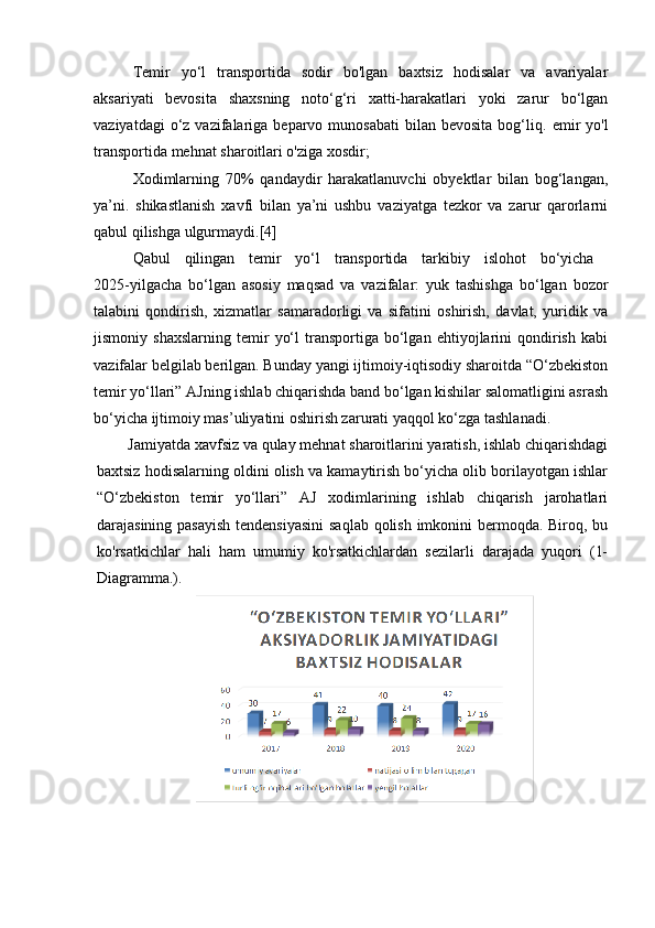 Temir   yo‘l   transportida   sodir   bo'lgan   baxtsiz   hodisalar   va   avariyalar
aksariyati   bevosita   shaxsning   noto‘g‘ri   xatti-harakatlari   yoki   zarur   bo‘lgan
vaziyatdagi   o‘z  vazifalariga beparvo  munosabati   bilan bevosita  bog‘liq.   emir   yo'l
transportida mehnat sharoitlari o'ziga xosdir; 
Xodimlarning   70%   qandaydir   harakatlanuvchi   obyektlar   bilan   bog‘langan,
ya’ni.   shikastlanish   xavfi   bilan   ya’ni   ushbu   vaziyatga   tezkor   va   zarur   qarorlarni
qabul qilishga ulgurmaydi.[4]
Qabul   qilingan   temir   yo‘l   transportida   tarkibiy   islohot   bo‘yicha  
2025-yilgacha   bo‘lgan   asosiy   maqsad   va   vazifalar:   yuk   tashishga   bo‘lgan   bozor
talabini   qondirish,   xizmatlar   samaradorligi   va   sifatini   oshirish,   davlat,   yuridik   va
jismoniy  shaxslarning   temir   yo‘l   transportiga   bo‘lgan   ehtiyojlarini   qondirish   kabi
vazifalar belgilab berilgan. Bunday yangi ijtimoiy-iqtisodiy sharoitda “O‘zbekiston
temir yo‘llari” AJning ishlab chiqarishda band bo‘lgan kishilar salomatligini asrash
bo‘yicha ijtimoiy mas’uliyatini oshirish zarurati yaqqol ko‘zga tashlanadi.
Jamiyatda xavfsiz va qulay mehnat sharoitlarini yaratish, ishlab chiqarishdagi
baxtsiz hodisalarning oldini olish va kamaytirish bo‘yicha olib borilayotgan ishlar
“O‘zbekiston   temir   yo‘llari”   AJ   xodimlarining   ishlab   chiqarish   jarohatlari
darajasining pasayish  tendensiyasini  saqlab qolish imkonini  bermoqda. Biroq, bu
ko'rsatkichlar   hali   ham   umumiy   ko'rsatkichlardan   sezilarli   darajada   yuqori   (1-
Diagramma.). 