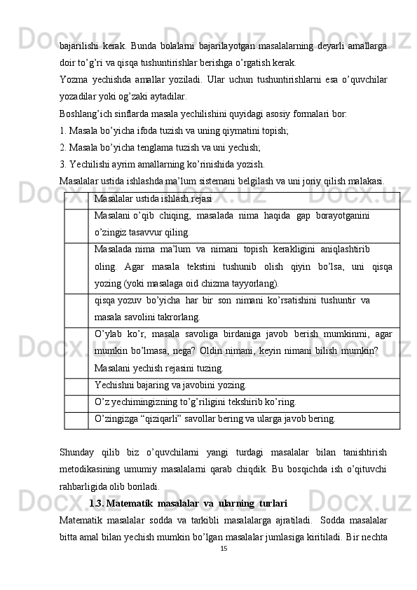 bajarilishi   kerak.   Bunda   bolalarni   bajarilayotgan   masalalarning   deyarli   amallarga
doir   to’g’ri   va   qisqa   tushuntirishlar   berishga   o’rgatish   kerak.
Yozma   yechishda   amallar   yoziladi.   Ular   uchun   tushuntirishlarni   esa   o’quvchilar
yozadilar   yoki   og’zaki   aytadilar.
Boshlang’ich   sinflarda   masala   yechilishini quyidagi   asosiy   formalari   bor:
1. Masala   bo’yicha   ifoda   tuzish   va   uning   qiymatini   topish;
2. Masala   bo’yicha   tenglama   tuzish   va   uni   yechish;
3. Yechilishi   ayrim   amallarning   ko’rinishida   yozish.
Masalalar   ustida ishlashda   ma’lum   sistemani   belgilash   va   uni   joriy   qilish   malakasi.
Masalalar ustida ishlash   rejasi
Masalani   o’qib   chiqing,   masalada   nima   haqida   gap   borayotganini
o’zingiz   tasavvur   qiling.
Masalada   nima   ma’lum   va   nimani   topish   kerakligini   aniqlashtirib
oling.   Agar   masala   tekstini   tushunib   olish   qiyin   bo’lsa,   uni   qisqa
yozing   (yoki   masalaga   oid   chizma   tayyorlang).
qisqa   yozuv   bo’yicha   har   bir   son   nimani   ko’rsatishini   tushuntir   va
masala   savolini   takrorlang.
O’ylab   ko’r,   masala   savoliga   birdaniga   javob   berish   mumkinmi,   agar
mumkin   bo’lmasa,   nega?   Oldin   nimani,   keyin   nimani   bilish   mumkin?
Masalani   yechish   rejasini   tuzing.
Yechishni   bajaring   va   javobini   yozing.
O’z   yechimingizning   to’g’riligini   tekshirib   ko’ring.
O’zingizga   “qiziqarli”   savollar   bering   va   ularga   javob   bering.
Shunday   qilib   biz   o’quvchilarni   yangi   turdagi   masalalar   bilan   tanishtirish
metodikasining   umumiy   masalalarni   qarab   chiqdik.   Bu   bosqichda   ish   o’qituvchi
rahbarligida olib   boriladi.
1.3. Matematik   masalalar   va   ularning   turlari
Matematik   masalalar   sodda   va   tarkibli   masalalarga   ajratiladi.   Sodda   masalalar
bitta amal bilan yechish mumkin bo’lgan masalalar jumlasiga kiritiladi.   Bir nechta
15 