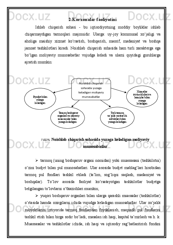 2.Korxonalar faoliyatini
Ishlab   chiqarish   sohasi   -   bu   iqtisodiyotning   moddiy   boyliklar   ishlab
chiqarmaydigan   tarmoqlari   majmuidir.   Ularga:   uy-joy   kommunal   xo‘jaligi   va
aholiga   maishiy   xizmat   ko‘rsatish,   boshqarish,   maorif,   madaniyat   va   boshqa
jamoat   tashkilotlari   kiradi.   Noishlab   chiqarish   sohasida   ham   turli   xarakterga   ega
bo‘lgan   moliyaviy   munosabatlar   vujudga   keladi   va   ularni   quyidagi   guruhlarga
ajratish mumkin:
rasm .  No ishlab chiqarish soha s ida  yuzaga keladigan  moliyaviy
munosabatlar
 tarmoq (uning boshqaruv organi nomidan) yoki muassasani  (tashkilotni)
o‘zini   budjet   bilan   pul   munosabatlari.   Ular   asosida   budjet   mablag‘lari   hisobidan
tarmoq   pul   fondlari   tashkil   etiladi   (ta’lim,   sog‘liqni   saqlash,   madaniyat   va
boshqalar).   To‘lov   asosida   faoliyat   ko‘rsatayotgan   tashkilotlar   budjetga
belgilangan to‘lovlarni o‘tkazishlari mumkin;
 yuqori boshqaruv organlari bilan ularga qarashli muassalar (tashkilotlar)
o‘rtasida   hamda   oxirgilarni   ichida   vujudga   keladigan   munosabatlar.   Ular   xo‘jalik
subyektlarini   ixtiyorida   tarmoq   fondlaridan   foydalanish,   maqsadli   pul   fondlarini
tashkil etish bilan birga sodir bo‘ladi, masalan ish haqi, kapital ta’mirlash va h. k.
Muassasalar   va   tashkilotlar   ichida,   ish   haqi   va   iqtisodiy   rag‘batlantirish   fondini Noishlab chiqarish 
sohasida yuzaga 
k е ladigan moliyaviy 
munosabatlarByudjеt bilan 
yuzaga 
kеladigan
Tarmoq boshqaruv 
organlari va idoraviy 
muassasalar bilan 
yuzaga k е ladigan Turli tarmoq 
xo`jalik yurituvchi 
sub'еktlari bilan 
yuzaga kеladigan Xizmatlar 
ist е 'molchilari va 
homiylar bilan 
yuzaga 
k е ladigan 