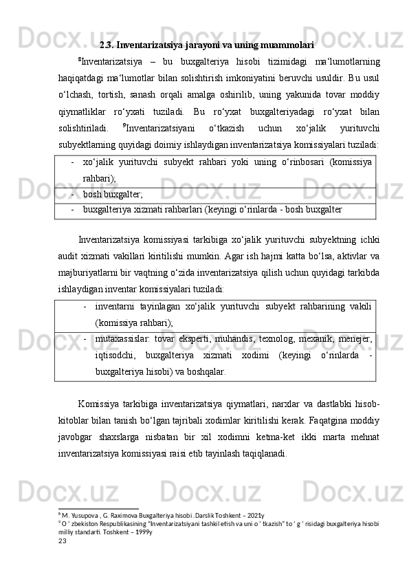                  2.3. Inventarizatsiya jarayoni va uning muammolari
8
Inventarizatsiya   –   bu   buxgalteriya   hisobi   tizimidagi   ma‘lumotlarning
haqiqatdagi   ma‘lumotlar   bilan   solishtirish   imkoniyatini   beruvchi   usuldir.   Bu   usul
o‘lchash,   tortish,   sanash   orqali   amalga   oshirilib,   uning   yakunida   tovar   moddiy
qiymatliklar   ro‘yxati   tuziladi.   Bu   ro‘yxat   buxgalteriyadagi   ro‘yxat   bilan
solishtiriladi.   9
I nventarizatsiyani   o‘tkazish   uchun   xo‘jalik   yurituvchi
subyektlarning quyidagi doimiy ishlaydigan inventarizatsiya komissiyalari tuziladi:
- xo‘jalik   yurituvchi   subyekt   rahbari   yoki   uning   o‘rinbosari   (komissiya
rahbari);
- bosh buxgalter;
- buxgalteriya xizmati rahbarlari (keyingi o‘rinlarda - bosh buxgalter
 
Inventarizatsiya   komissiyasi   tarkibiga   xo‘jalik   yurituvchi   subyektning   ichki
audit xizmati vakillari kiritilishi mumkin. Agar ish hajmi katta bo‘lsa, aktivlar va
majburiyatlarni bir vaqtning o‘zida inventarizatsiya qilish uchun quyidagi tarkibda
ishlaydigan inventar komissiyalari tuziladi:
- inventarni   tayinlagan   xo‘jalik   yurituvchi   subyekt   rahbarining   vakili
(komissiya rahbari);
- mutaxassislar:   tovar   eksperti,   muhandis,   texnolog,   mexanik,   menejer,
iqtisodchi,   buxgalteriya   xizmati   xodimi   (keyingi   o‘rinlarda   -
buxgalteriya hisobi) va boshqalar.
Komissiya   tarkibiga   inventarizatsiya   qiymatlari,   narxlar   va   dastlabki   hisob-
kitoblar bilan tanish bo‘lgan tajribali xodimlar kiritilishi kerak. Faqatgina moddiy
javobgar   shaxslarga   nisbatan   bir   xil   xodimni   ketma-ket   ikki   marta   mehnat
inventarizatsiya komissiyasi raisi etib tayinlash taqiqlanadi.
8
 M. Yusupova , G. Raximova Buxgalteriya hisobi .Darslik Toshkent – 2021y
9
 O ‘ zbekiston Respublikasining “Inventarizatsiyani tashkil etish va uni o ‘ tkazish” to ‘ g ‘ risidagi buxgalteriya hisobi
milliy standarti. Toshkent – 1999y
23 