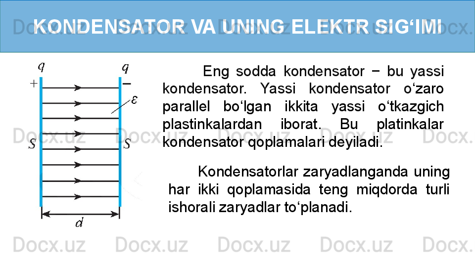 KONDENSATOR VA UNING ELEKTR SI G ‘ IMI
            Eng  sodda  kondensator  −  bu  yassi 
kondensator.  Yassi  kondensator  o ‘ zaro 
parallel  bo ‘ lgan   ikkita  yassi  o ‘ tkazgich 
plastinkalardan  iborat.  Bu  platinkalar 
kondensator qoplamalari deyiladi.   
            Kondensatorlar  zaryadlanganda  uning 
har  ikki  qoplamasida  teng  miqdorda  turli 
ishorali zaryadlar to ‘ planadi.   