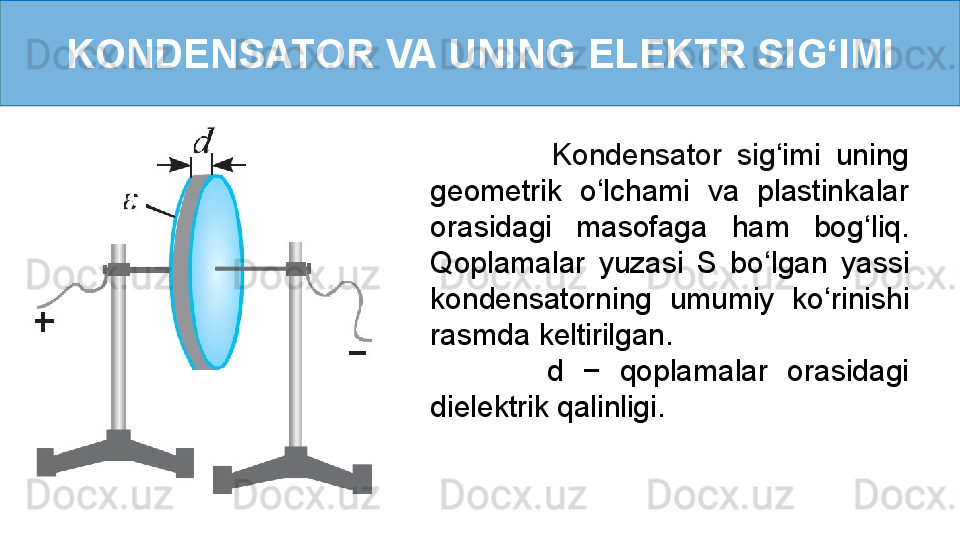 KONDENSATOR VA UNING ELEKTR SI G ‘ IMI
                Kondensator  sig ‘ imi  uning 
geometrik  o ‘ lchami  va  plastinkalar 
orasidagi  masofaga  ham  bog ‘ liq. 
Qoplamalar  yuzasi  S  bo ‘ lgan  yassi 
kondensatorning  umumiy  ko ‘ rinishi 
rasmda keltirilgan.            
            d  −  qoplamalar  orasidagi 
dielektrik qalinligi.  