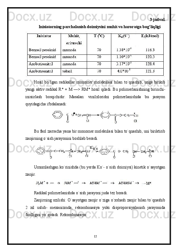 3-jadval.
Inisiatorning parchalanish doimiysini muhit va haroratga bog’liqligi
Hosil   bo`lgan   radikallar   monomer   molekulasi   bilan   to`qnashib,   unga   birikib
yangi aktiv radikal R* +   М   —> R М * hosil qiladi. Bu polimerlanishning birinchi-
inisiirlash   bosqichidir.   Masalan:   vinilxloridni   polimerlanishida   bu   jarayon
quyidagicha ifodalanadi:
Bu faol zarracha yana bir monomer molekulasi bilan to`qnashib, uni biriktirib
zanjirning o`sish jarayonini boshlab beradi.
Umumlashgan ko`rinishda (bu yerda Ko`- o`sish doimiysi) kinetik o`sayotgan
zanjir.
Radikal polimerlanishda o`sish jarayoni juda tez boradi.
Zanjirning uzilishi: O`sayotgan zanjir o`ziga o`xshash zanjir bilan to`qnashib
2   xil   uslub-   mexanizmda,   rekombinasiya   yoki   disproporsiyalanish   jarayonida
faolligini yo`qotadi. Rekombinasiya:
12 