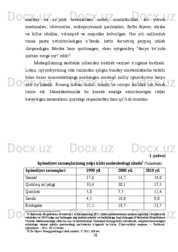 maishiy   va   xo’jalik   tovarlaridan   mebel,   muzlatkichlar,   kir   yuvish
mashinalari,   televizorlar,   ra diopriyomnik   q urilmalari,   farfor-fayans,   shisha
va   billur   idishlar,   velosiped   va   mopedlar   keltirilgan.   H ar   yili   millionlab
tonna   paxta   yetishtiriladigan   o’lkada,   h atto   durustroq   paypoq   ishlab
chiqaradigan   fabrika   ham   q urilmagan,   shoir   aytganideq   "dar yo   b o’ yida
q ultum suvga zor" edik! 1
Musta q illikning   dastlabki   yillaridan   boshlab   vaziyat   o’ nglana   boshladi.
Lekin,   iqtisodiyotning   eski   tuzumdan   qolgan   bunday   mustamlakacha   tarkibi
bilan   bozor   munosabatlariga   asoslangan   mustaqil   milliy   iqtisodiyotni   barpo
etib   b o’ lmasdi.   Buning   uchun   izchil,   tizimli   va   uzo q ni   k o’ zlab   ish   tutish
lozim   edi.   Mamlakatimizda   bu   borada   amalga   oshirilayotgan   ishlar
berayotgan samaralarni  qu yidagi ra q amlardan ham q o’ rish mumkin.
1-jadval
Iqtisodiyot tarmoqlarining yalpi ichki mahsulotdagi ulushi 2
  (%hisobida)
Iqtisodiyot  t armo q lari 1990 yil 2000 yil 2010 yil
Sanoat 17,6 14,2 24,0
Q ishlo q   x o’ j al igi 33,4 30,1 17,5
Q uril ish 5,8 7,7 12,4
Savdo 4,5 10,8 9,0
Bosh q alar 22,2 18,7 23,7
1
  O‘zbekiston Respublikasi Prezidenti I.A.Karimovning 2012 yilda mamlakatimizni ijtimoiy-iqtisodiy rivojlantirish
yakunlari va 2013 yilga mo‘ljallangan eng muhim ustuvor yo‘nalishlariga bag‘ishlangan O‘zbekiston Respublikasi
Vazirlar Mahkamasidagi «Barcha reja va dasturlarimiz Vatanimiz taraqqiyotini yuksaltirish, xalqimiz farovonligini
oshirishga   xizmat   qiladi»   mavzusidagi   ma’ruzasini   o‘rganish   bo‘yicha   O‘quv-uslubiy   majmua.   –   Toshkent:
Iqtisodiyot. - 2011. 39-42 betlar
2
 N.To‘xliyev Taraqqiyotning o‘zbek modeli. T.:2012.108-bet 
28
