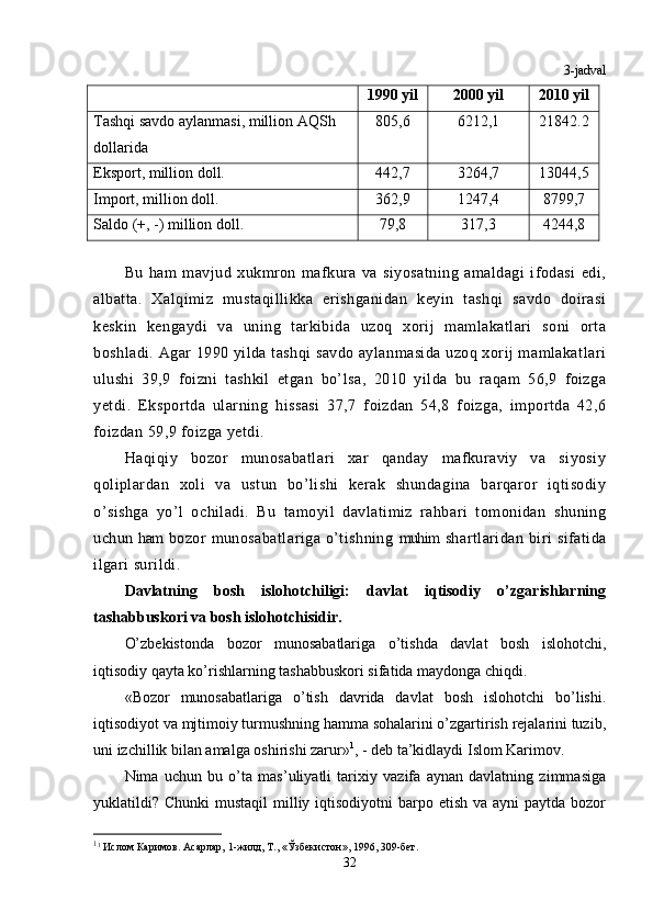 3-jadval
1990 yil 2000 yil 2010 yil
Tash q i savdo aylanmasi, million A QSh  
dollarida 805,6 6212,1 21842.2
Eksport, million doll. 442,7 3264,7 13044,5
Import, million doll. 362,9 1247,4 8799,7
Saldo (+,  - ) million doll. 79,8 317,3 4244,8
Bu   ham   mavjud   xukmron   mafkura   va   siyosatning   amaldagi   ifodasi   edi,
albatta.   Xalqimiz   mustaqillikka   erishganidan   keyin   tashqi   savdo   doirasi
keskin   kengaydi   va   uning   tarkibida   uzoq   xorij   mamlakatlari   soni   orta
boshladi. Agar 1990 yilda tashqi savdo aylanmasida uzoq xorij mamlakatlari
ulushi   39,9   foizni   tashkil   etgan   bo’lsa,   2010   yilda   bu   raqam   56,9   foizga
yetdi.   Eksportda   ularning   hissasi   37,7   foizdan   54,8   foizga,   importda   42,6
foizdan 59,9 foizga yetdi.
Haqiqiy   bozor   munosabatlari   xar   qanday   mafkuraviy   va   siyosiy
qoliplardan   xoli   va   ustun   bo’lishi   kerak   shundagina   barqaror   iqtisodiy
o’sishga   yo’l   ochiladi.   Bu   tamoyil   davlatimiz   rahbari   tomonidan   shuning
uchun   ham   bozor   munosabatlariga  o’tishning   muhim   shartlaridan  biri   sifatida
ilgari surildi.
Davlatning   bosh   islohotchiligi:   davlat   iqtisodiy   o’zgarishlarning
tashabbuskori va bosh islohotchisidir.
O’zbekistonda   bozor   munosabatlariga   o’tishda   davlat   bosh   islohotchi,
iqtisodiy qayta ko’rishlarning tashabbuskori sifatida maydonga chiqdi.
«Bozor   munosabatlariga   o’tish   davrida   davlat   bosh   islohotchi   bo’lishi.
iqtisodiyot va mjtimoiy turmushning hamma sohalarini o’zgartirish rejalarini tuzib,
uni izchillik bilan amalga oshirishi zarur» 1
, - deb ta’kidlaydi Islom Karimov.
Nima   uchun   bu   o’ta   mas’uliyatli   tarixiy   vazifa   aynan   davlatning   zimmasiga
yuklatildi? Chunki  mustaqil  milliy iqtisodiyotni  barpo etish va ayni  paytda  bozor
1
1
 Ислом Каримов. Асарлар, 1-жилд, Т., «Ўзбекистон», 1996, 309-бет.
32