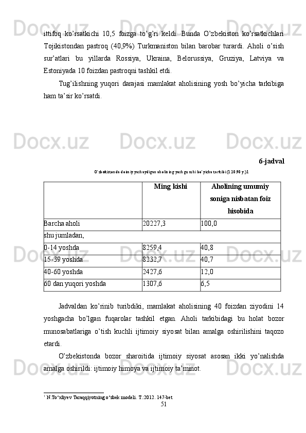 ittifoq   ko’rsatkichi   10,5   foizga   to’g’ri   keldi.   Bunda   O’zbekiston   ko’rsatkichlari
Tojikistondan   pastroq   (40,9%)   Turkmaniston   bilan   barobar   turardi.   Aholi   o’sish
sur’atlari   bu   yillarda   Rossiya,   Ukraina,   Belorus siya,   Gruziya,   Latviya   va
Estoniyada 10 foizdan pastroqni tashkil etdi.
Tug’ilishning   yuqori   darajasi   mamlakat   aholisining   yosh   bo’yicha   tarkibiga
ham ta’sir ko’rsatdi.
6-jadval
O’zbekistonda doimiy yashaydigan aholining yosh guruhi bo’yicha tarkibi (1.10.90 y.) 1
Ming kishi Aholining umumiy
soniga nisbatan foiz
hisobida
Barcha aholi 20227,3 100,0
shu jumladan,
0-14 yoshda 8259,4 40,8
15-39 yoshda 8232,7 40,7
40-60 yoshda 2427,6 12,0
60 dan yuqori yoshda 1307,6 6,5
Jadvaldan   ko’rinib   turibdiki,   mamlakat   aholisining   40   foizdan   ziyodini   14
yoshgacha   bo’lgan   fu q arolar   tashkil   etgan.   Aholi   tarkibidagi   bu   holat   bozor
munosabatlariga   o’tish   kuchli   ijtimoiy   siyo sat   bilan   amalga   oshirilishini   taqozo
etardi.
O’zbekistonda   bozor   sharoitida   ijtimoiy   siyosat   asosan   ikki   yo’nalishda
amalga oshirildi: ijtimo iy himoya va ijtimoiy ta’minot.
1
 N.To‘xliyev Taraqqiyotning o‘zbek modeli. T.:2012. 147-bet
51 