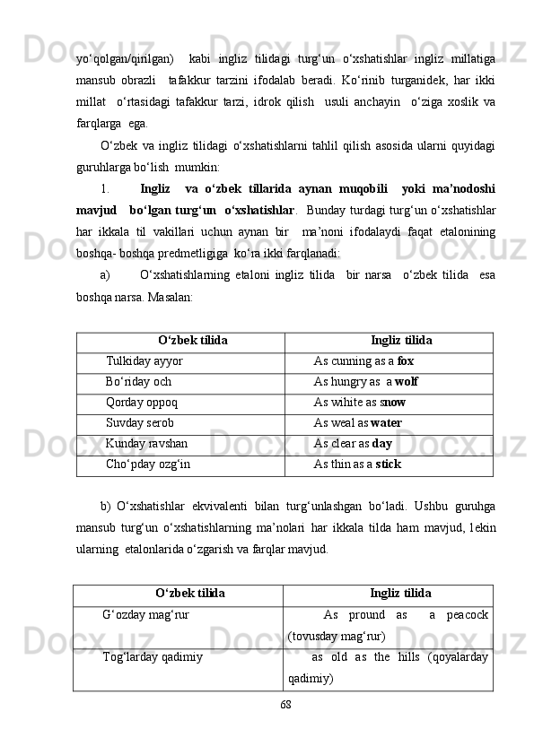 yo‘qolgan/qirilgan)     kabi   ingliz   tilidagi   turg‘un   o‘xshatishlar   ingliz   millatiga
mansub   obrazli     tafakkur   tarzini   ifodalab   beradi.   Ko‘rinib   turganidek,   har   ikki
millat     o‘rtasidagi   tafakkur   tarzi,   idrok   qilish     usuli   anchayin     o‘ziga   xoslik   va
farqlarga  ega.  
O‘zbеk   va   ingliz   tilidagi   o‘xshatishlarni   tahlil   qilish   asosida   ularni   quyidagi
guruhlarga bo‘lish  mumkin:
1. Ingliz     va   o‘zbek   tillarida   aynan   muqobili     yoki   ma’nodoshi
mavjud     bo‘lgan turg‘un   o‘xshatishlar .   Bunday turdagi turg‘un o‘xshatishlar
har   ikkala   til   vakillari   uchun   aynan   bir     ma’noni   ifodalaydi   faqat   etalonining
boshqa- boshqa predmetligiga  ko‘ra ikki farqlanadi:
a) O‘xshatishlarning   etaloni   ingliz   tilida     bir   narsa     o‘zbek   tilida     esa
boshqa narsa.  Masalan:
O‘zbеk   tilida Ingliz   tilida
Tulkiday   ay yo r As cunning as a  fox 
B o‘ riday   och As hungry as  a  wolf 
Qorday   oppoq As   wihite   a s  s now
Suvday   sеrob As   weal   as   water
Kunday   ravshan As   clear   as   day
Cho‘pday   ozg‘in As thin as a  stick
b) O‘xshatishlar   е kvival е nti   bilan   turg‘unlashgan   bo‘ladi.   Ushbu   guruhga
mansub   turg‘un   o‘xshatishlarning   ma’nolari   har   ikkala   tilda   ham   mavjud,   l е kin
ularning    etalonlarida o‘zgarish va farqlar mavjud.
O‘zbеk tilida Ingliz tilida
G‘ozday mag‘rur   As   pround   as     a   peacock
(tovusday mag‘rur)
Tog‘larday qadimiy as   old   as   the   hills   (qoyalarday
qadimiy)
68 