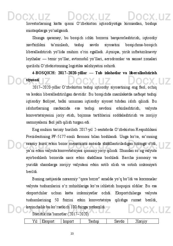 23Investorlarning   katta   qismi   O‘zbekiston   iqtisodiyotiga   kirmasdan,   boshqa
mintaqalarga yo‘nalgandi.
Shunga   qaramay,   bu   bosqich   ichki   bozorni   barqarorlashtirish,   iqtisodiy
xavfsizlikni   ta’minlash,   tashqi   savdo   siyosatini   bosqichma-bosqich
liberallashtirish   yo‘lida   muhim   o‘rin   egalladi.   Ayniqsa,   yirik   infratuzilmaviy
loyihalar   —   temir   yo‘llar,   avtomobil   yo‘llari,   aerodromlar   va   sanoat   zonalari
qurilishi O‘zbekistonning logistika salohiyatini oshirdi.
4-BOSQICH:   2017–2020-yillar   —   Tub   islohotlar   va   liberallashtirish
siyosati
2017–2020-yillar   O‘zbekiston   tashqi   iqtisodiy   siyosatining   eng   faol,   ochiq
va keskin liberallashtirilgan davridir. Bu bosqichda mamlakatda nafaqat tashqi
iqtisodiy   faoliyat,   balki   umuman   iqtisodiy   siyosat   tubdan   isloh   qilindi.   Bu
islohotlarning   markazida   esa   tashqi   savdoni   erkinlashtirish,   valyuta
konvertatsiyasini   joriy   etish,   bojxona   tartiblarini   soddalashtirish   va   xorijiy
sarmoyalarni faol jalb qilish turgan edi.
Eng muhim tarixiy burilish 2017-yil 2-sentabrda O‘zbekiston Respublikasi
Prezidentining   PF-5177-sonli   farmoni   bilan   boshlandi.   Unga   ko‘ra,   so‘mning
rasmiy   kursi   erkin   bozor   mexanizmi   asosida   shakllantiriladigan   tizimga   o‘tdi,
ya’ni erkin valyuta konvertatsiyasi qonuniy joriy qilindi. Shundan so‘ng valyuta
ayirboshlash   bozorida   narx   erkin   shakllana   boshladi.   Barcha   jismoniy   va
yuridik   shaxslarga   xorijiy   valyutani   erkin   sotib   olish   va   sotish   imkoniyati
berildi.
Buning natijasida norasmiy “qora bozor” amalda yo‘q bo‘ldi va korxonalar
valyuta   tushumlarini   o‘z   xohishlariga   ko‘ra   ishlatish   huquqini   oldilar.   Bu   esa
eksportchilar   uchun   katta   imkoniyatlar   ochdi.   Eksportchilarga   valyuta
tushumlarining   50   foizini   erkin   konvertatsiya   qilishga   ruxsat   berildi,
keyinchalik bu ko‘rsatkich 100 foizga yetkazildi.
Statistik ma’lumotlar (2017–2020)
Yil Eksport Import Tashqi Savdo Xorijiy 