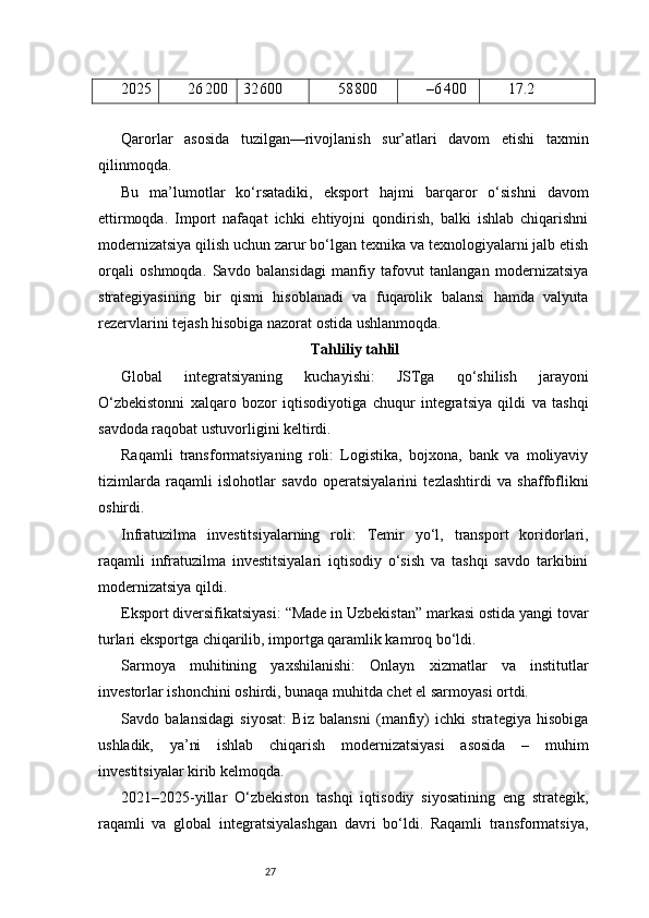 272025 26 200 32	 600 58	 800 –6	 400 17.2
Qarorlar   asosida   tuzilgan—rivojlanish   sur’atlari   davom   etishi   taxmin
qilinmoqda.
Bu   ma’lumotlar   ko‘rsatadiki,   eksport   hajmi   barqaror   o‘sishni   davom
ettirmoqda.   Import   nafaqat   ichki   ehtiyojni   qondirish,   balki   ishlab   chiqarishni
modernizatsiya qilish uchun zarur bo‘lgan texnika va texnologiyalarni jalb etish
orqali   oshmoqda.   Savdo   balansidagi   manfiy   tafovut   tanlangan   modernizatsiya
strategiyasining   bir   qismi   hisoblanadi   va   fuqarolik   balansi   hamda   valyuta
rezervlarini tejash hisobiga nazorat ostida ushlanmoqda.
Tahliliy tahlil
Global   integratsiyaning   kuchayishi:   JSTga   qo‘shilish   jarayoni
O‘zbekistonni   xalqaro   bozor   iqtisodiyotiga   chuqur   integratsiya   qildi   va   tashqi
savdoda raqobat ustuvorligini keltirdi.
Raqamli   transformatsiyaning   roli:   Logistika,   bojxona,   bank   va   moliyaviy
tizimlarda   raqamli   islohotlar   savdo   operatsiyalarini   tezlashtirdi   va   shaffoflikni
oshirdi.
Infratuzilma   investitsiyalarning   roli:   Temir   yo‘l,   transport   koridorlari,
raqamli   infratuzilma   investitsiyalari   iqtisodiy   o‘sish   va   tashqi   savdo   tarkibini
modernizatsiya qildi.
Eksport diversifikatsiyasi: “Made in Uzbekistan” markasi ostida yangi tovar
turlari eksportga chiqarilib, importga qaramlik kamroq bo‘ldi.
Sarmoya   muhitining   yaxshilanishi:   Onlayn   xizmatlar   va   institutlar
investorlar ishonchini oshirdi, bunaqa muhitda chet el sarmoyasi ortdi.
Savdo   balansidagi   siyosat:   Biz   balansni   (manfiy)   ichki   strategiya   hisobiga
ushladik,   ya’ni   ishlab   chiqarish   modernizatsiyasi   asosida   –   muhim
investitsiyalar kirib kelmoqda.
2021–2025-yillar   O‘zbekiston   tashqi   iqtisodiy   siyosatining   eng   strategik,
raqamli   va   global   integratsiyalashgan   davri   bo‘ldi.   Raqamli   transformatsiya, 