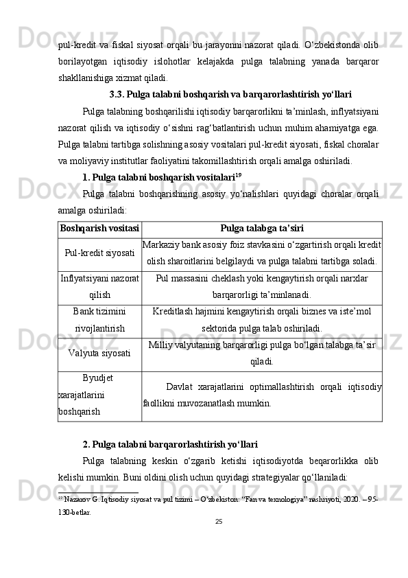 pul-kredit  va  fiskal   siyosat  orqali  bu  jarayonni   nazorat  qiladi.  O‘zbekistonda  olib
borilayotgan   iqtisodiy   islohotlar   kelajakda   pulga   talabning   yanada   barqaror
shakllanishiga xizmat qiladi.
3.3. Pulga talabni boshqarish va barqarorlashtirish yo‘llari
Pulga talabning boshqarilishi iqtisodiy barqarorlikni ta’minlash, inflyatsiyani
nazorat qilish va iqtisodiy o‘sishni rag‘batlantirish uchun muhim ahamiyatga ega.
Pulga talabni tartibga solishning asosiy vositalari pul-kredit siyosati, fiskal choralar
va moliyaviy institutlar faoliyatini takomillashtirish orqali amalga oshiriladi.
1. Pulga talabni boshqarish vositalari 19
Pulga   talabni   boshqarishning   asosiy   yo‘nalishlari   quyidagi   choralar   orqali
amalga oshiriladi:
Boshqarish vositasi Pulga talabga ta’siri
Pul-kredit siyosati Markaziy bank asosiy foiz stavkasini o‘zgartirish orqali kredit
olish sharoitlarini belgilaydi va pulga talabni tartibga soladi.
Inflyatsiyani nazorat
qilish Pul massasini cheklash yoki kengaytirish orqali narxlar
barqarorligi ta’minlanadi.
Bank tizimini
rivojlantirish Kreditlash hajmini kengaytirish orqali biznes va iste’mol
sektorida pulga talab oshiriladi.
Valyuta siyosati Milliy valyutaning barqarorligi pulga bo‘lgan talabga ta’sir
qiladi.
Byudjet
xarajatlarini
boshqarish Davlat   xarajatlarini   optimallashtirish   orqali   iqtisodiy
faollikni muvozanatlash mumkin.
2. Pulga talabni barqarorlashtirish yo‘llari
Pulga   talabning   keskin   o‘zgarib   ketishi   iqtisodiyotda   beqarorlikka   olib
kelishi mumkin. Buni oldini olish uchun quyidagi strategiyalar qo‘llaniladi:
19
 Nazarov G. Iqtisodiy siyosat va pul tizimi – O‘zbekiston: “Fan va texnologiya” nashriyoti, 2020. – 95-
130-betlar.
25 