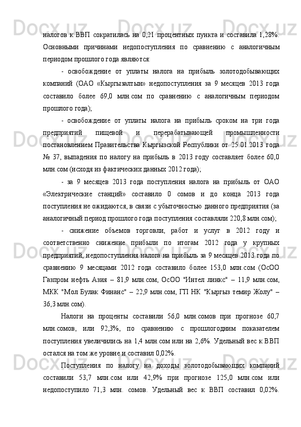 налогов   к   ВВП   сократилась   на   0,21   процентных   пункта   и   составила   1,28%.
Основными   причинами   недопоступления   по   сравнению   с   аналогичным
периодом прошлого года являются:
-   освобождение   от   уплаты   налога   на   прибыль   золотодобывающих
компаний   (ОАО   «Кыргызалтын»   недопоступления   за   9   месяцев   2013   года
составило   более   69,0   млн.сом   по   сравнению   с   аналогичным   периодом
прошлого года);
-   освобождение   от   уплаты   налога   на   прибыль   сроком   на   три   года
предприятий   пищевой   и   перерабатывающей   промышленности
постановлением   Правительства   Кыргызской   Республики   от   25.01.2013   года
№   37,   выпадения   по   налогу   на   прибыль   в   2013   году   составляет   более   60,0
млн.сом (исходя из фактических данных 2012 года);
-   за   9   месяцев   2013   года   поступления   налога   на   прибыль   от   ОАО
«Электрические   станций»   составило   0   сомов   и   до   конца   2013   года
поступления не ожидаются, в связи с убыточностью данного предприятия (за
аналогичный период прошлого года поступления составляли 220,8 млн.сом);
-   снижение   объемов   торговли,   работ   и   услуг   в   2012   году   и
соответственно   снижение   прибыли   по   итогам   2012   года   у   крупных
предприятий, недопоступления налога на прибыль за 9 месяцев 2013 года по
сравнению   9   месяцами   2012   года   составило   более   153,0   млн.сом   (ОсОО
Газпром   нефть   Азия   –   81,9   млн.сом,   ОсОО   "Интел   линкс"   –   11,9   млн.сом,
МКК   "Мол   Булак   Финанс"   –   22,9   млн.сом,   ГП   НК   "Кыргыз   темир   Жолу"   –
36,3 млн.сом).
Налоги   на   проценты   составили   56,0   млн.сомов   при   прогнозе   60,7
млн.сомов,   или   92,3%,   по   сравнению   с   прошлогодним   показателем
поступления увеличились на 1,4 млн.сом или на 2,6%. Удельный вес к ВВП
остался на том же уровне и составил 0,02%.
Поступления   по   налогу   на   доходы   золотодобывающих   компаний
составили   53,7   млн.сом   или   42,9%   при   прогнозе   125,0   млн.сом   или
недопоступило   71,3   млн.   сомов.   Удельный   вес   к   ВВП   составил   0,02%.