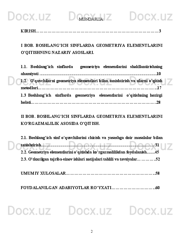 MUNDARIJA:
KIRISH………………………………………………………………………………3
I   BOB .   BOSHLANG’ICH   SINFLARDA   GEOMETRIYA   ELEMENTLARINI
O’QITISHNING NAZARIY ASOSLARI.
1.1.   Boshlang’ich   sinflarda     geometriya   elementlarini   shakllantirishning
ahamiyati ..................................................................................................................10
1.2.     O’quvchilarni   geometriya   elementlari   bilan   tanishtirish   va   ularni   o’qitish
metodlari……………………………………………………………………….…...17 
1.3   Boshlang’ich     sinflarda     geometriya     elementlarini     o’qitishning   hozirgi
holati………………………………………………………………………………..28
II   BOB .   BOSHLANG’ICH   SINFLARDA   GEOMETRIYA   ELEMENTLARINI
KO’RGAZMALILIK ASOSIDA O’QITISH.
2.1.   Boshlang’ich   sinf   o’quvchilarini   chizish   va   yasashga   doir   masalalar   bilan
tanishtirish.............................................................................................................. 31
2.2. Geometriya elementlarini o’qitishda ko’rgazmalilikdan foydalanish........45
2.3. O’tkazilgan tajriba-sinov ishlari natijalari tahlili va tavsiyalar… ………..52
UMUMIY  XULOSA LAR………………………………………………………...58
FOYDALANILGAN ADABIYOTLAR  RO’YXATI…………………………...60
2 