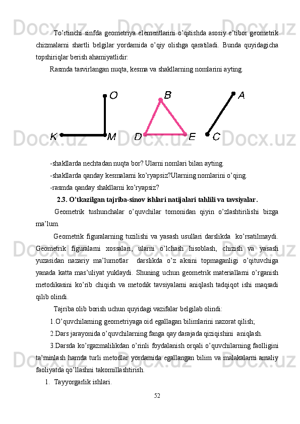 To’rtinchi sinfda geometriya elementlarini o’qitishda asosiy e’tibor geometrik
chizmalarni   shartli   belgilar   yordamida   o’qiy   olishga   qaratiladi.   Bunda   quyidagicha
topshiriqlar berish ahamiyatlidir:
Rasmda tasvirlangan nuqta, kesma va shakllarning nomlarini ayting. 
-shakllarda nechtadan nuqta bor? Ularni nomlari bilan ayting.
-shakllarda qanday kesmalarni ko’ryapsiz?Ularning nomlarini o’qing.
-rasmda qanday shakllarni ko’ryapsiz?
2.3. O’tkazilgan tajriba-sinov ishlari natijalari tahlili va tavsiyalar.
  Geometrik   tushunchalar   o’quvchilar   tomonidan   qiyin   o’zlashtirilishi   bizga
ma’lum.
Geometrik figuralarning tuzilishi  va yasash  usullari  darslikda   ko’rsatilmaydi.
Geometrik   figuralarni   xossalari,   ularni   o’lchash   hisoblash,   chizish   va   yasash
yuzasidan   nazariy   ma’lumotlar     darslikda   o’z   aksini   topmaganligi   o’qituvchiga
yanada   katta   mas’uliyat   yuklaydi.   Shuning   uchun   geometrik   materiallarni   o’rganish
metodikasini   ko’rib   chiqish   va   metodik   tavsiyalarni   aniqlash   tadqiqot   ishi   maqsadi
qilib olindi.
Tajriba olib borish uchun quyidagi vazifalar belgilab olindi:
1.O’quvchilarning geometriyaga oid egallagan bilimlarini nazorat qilish; 
2.Dars jarayonida o’quvchilarning fanga qay darajada qiziqishini  aniqlash.
3.Darsda ko’rgazmalilikdan o’rinli foydalanish orqali o’quvchilarning faolligini
ta’minlash  hamda  turli   metodlar  yordamida egallangan  bilim   va malakalarni   amaliy
faoliyatda qo’llashni takomillashtirish. 
1. Tayyorgarlik ishlari.
52 