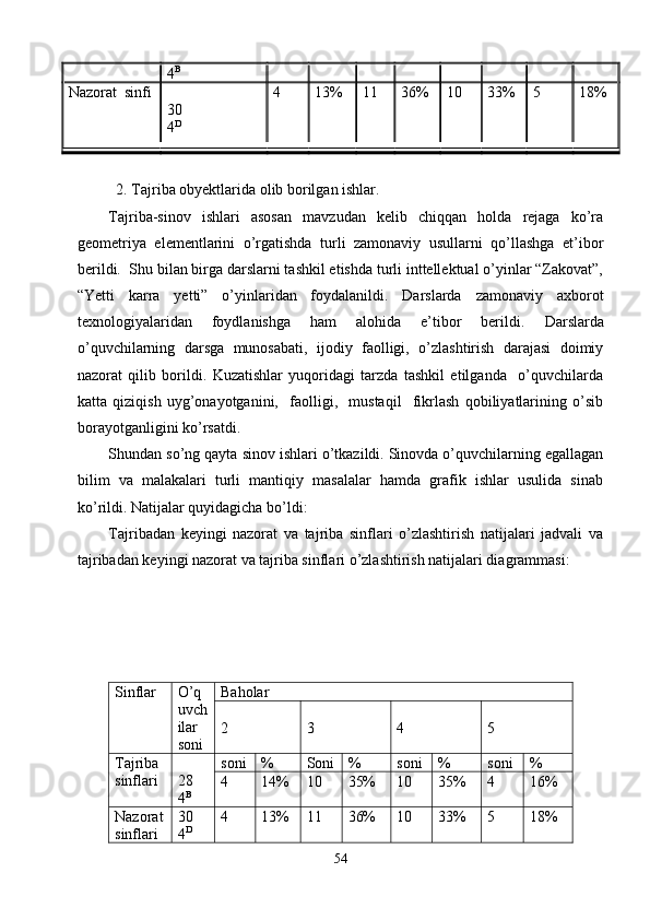 4 B
Nazorat  sinfi
30
4 D 4 1 3% 1 1 36% 1 0 3 3% 5 1 8%
2. Tajriba obyektlarida olib borilgan ishlar. 
Tajriba-sinov   ishlari   asosan   mavzudan   kelib   chiqqan   holda   rejaga   ko’ra
geometriya   elementlarini   o’rgatishda   turli   zamonaviy   usullarni   qo’llashga   et’ibor
berildi.  Shu bilan birga darslarni tashkil etishda turli inttellektual o’yinlar “Zakovat”,
“Yetti   karra   yetti”   o’yinlaridan   foydalanildi.   Darslarda   zamonaviy   axborot
texnologiyalaridan   foydlanishga   ham   alohida   e’tibor   berildi.   Darslarda
o’quvchilarning   darsga   munosabati,   ijodiy   faolligi,   o’zlashtirish   darajasi   doimiy
nazorat   qilib   borildi.   Kuzatishlar   yuqoridagi   tarzda   tashkil   etilganda     o’quvchilarda
katta   qiziqish   uyg’onayotganini,     faolligi,     mustaqil     fikrlash   qobiliyatlarining   o’sib
borayotganligini ko’rsatdi. 
Shundan so’ng qayta sinov ishlari o’tkazildi. Sinovda o’quvchilarning egallagan
bilim   va   malakalari   turli   mantiqiy   masalalar   hamda   grafik   ishlar   usulida   sinab
ko’rildi. Natijalar quyidagicha bo’ldi:
Tajribadan   keyingi   nazorat   va   tajriba   sinflari   o’zlashtirish   natijalari   jadvali   va
tajribadan keyingi nazorat va tajriba sinflari o’zlashtirish natijalari diagrammasi:
Sinflar O’q
uvch
ilar
soni Baholar
2 3 4 5
Tajriba
sinflari 28
4 B soni % Soni % soni % soni %
4 1 4% 1 0 3 5% 1 0 35% 4 1 6%
Nazora t
sinflari 30
4 D 4 1 3% 1 1 36% 1 0 3 3% 5 1 8%
54 