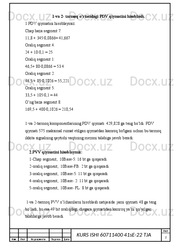 Изм. Лист №  документа Подпись Дата Лист
2KURS ISHI 60711400 41sE-22 TJA 1-va 2- tarmoq o’rtasidagi PDV qiymatini hisoblash.
1.PDV qiymatini hisoblaymiz:
Chap baza segment 7:
11,8 + 345∙0,0866= 41,667
Oraliq segment 4:
24 + 10∙0,1 = 25
Oraliq segment 1:
46,5+ 80∙0,0866 = 53.4
Oraliq segment 2:
46,5 + 85∙0,1026 = 55,221
Oraliq segment 5:
33,5 + 105∙0,1 = 44
O’ng baza segment 8:
169,5 + 400∙0,1026 = 210,54
1-va 2-tarmoq komponentlarining PDV qiymati  429,828 ga teng bo’ldi. PDV 
qiymati 575 maksimal ruxsat etilgan qiymatdan kamroq bo'lgani uchun bu tarmoq 
ikkita signalning qaytishi vaqtining mezoni talabiga javob beradi.
2.PVV qiymatini hisoblaymiz:
1-Chap segment,  10Base-5: 16 bt ga qisqaradi.
2-oraliq segment,  10Base-FB: 2 bt ga qisqaradi.
3-oraliq segment,  10Base-5: 11 bt ga qisqaradi.
4-oraliq segment,  10Base- 2: 11 bt ga qisqaradi.
5-oraliq segment,  10Base- FL: 8 bt ga qisqaradi.
 1-va 2-tarmoq PVV o’lchamlarni hisoblash natijasida  jami qiymati 48 ga teng 
bo’ladi, bu esa 49 bit oraliqdagi chegara qiymatidan kamroq ya’ni qo’yilgan 
talablarga javob beradi. 