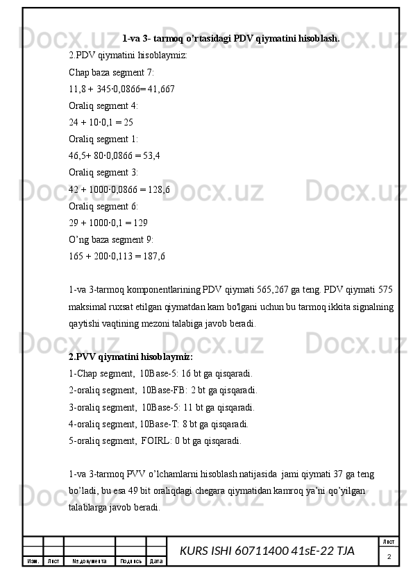 Изм. Лист №  документа Подпись Дата Лист
2KURS ISHI 60711400 41sE-22 TJA 1-va 3- tarmoq o’rtasidagi PDV qiymatini hisoblash.
2.PDV qiymatini hisoblaymiz:
Chap baza segment 7:
11,8 + 345∙0,0866= 41,667
Oraliq segment 4:
24 + 10∙0,1 = 25
Oraliq segment 1:
46,5+ 80∙0,0866 = 53,4
Oraliq segment 3:
42 + 1000∙0,0866 = 128,6
Oraliq segment 6:
29 + 1000∙0,1 = 129
O’ng baza segment 9:
165 + 200∙0,113 = 187,6
1-va 3-tarmoq komponentlarining PDV qiymati 565,267 ga teng. PDV qiymati 575
maksimal ruxsat etilgan qiymatdan kam bo'lgani uchun bu tarmoq ikkita signalning
qaytishi vaqtining mezoni talabiga javob beradi.
2.PVV qiymatini hisoblaymiz:
1-Chap segment,  10Base-5: 16 bt ga qisqaradi.
2-oraliq segment,  10Base-FB: 2 bt ga qisqaradi.
3-oraliq segment,  10Base-5: 11 bt ga qisqaradi.
4-oraliq segment, 10Base-T: 8 bt ga qisqaradi.
5-oraliq segment,  FOIRL: 0 bt ga qisqaradi.
1-va 3-tarmoq PVV o’lchamlarni hisoblash natijasida  jami qiymati 37 ga teng 
bo’ladi, bu esa 49 bit oraliqdagi chegara qiymatidan kamroq ya’ni qo’yilgan 
talablarga javob beradi. 