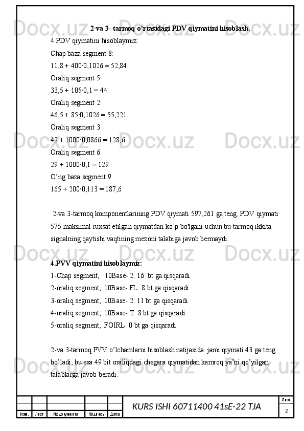 Изм. Лист №  документа Подпись Дата Лист
2KURS ISHI 60711400 41sE-22 TJA 2-va 3- tarmoq o’rtasidagi PDV qiymatini hisoblash.
4.PDV qiymatini hisoblaymiz:
Chap baza segment 8:
11,8 + 400∙0,1026 = 52,84
Oraliq segment 5:
33,5 + 105∙0,1 = 44
Oraliq segment 2:
46,5 + 85∙0,1026 = 55,221
Oraliq segment 3:
42 + 1000∙0,0866 = 128,6
Oraliq segment 6:
29 + 1000∙0,1 = 129
O’ng baza segment 9:
165 + 200∙0,113 = 187,6
 2-va 3-tarmoq komponentlarining PDV qiymati 597,261 ga teng. PDV qiymati 
575 maksimal ruxsat etilgan qiymatdan ko’p bo'lgani uchun bu tarmoq ikkita 
signalning qaytishi vaqtining mezoni talabiga javob bermaydi.
4.PVV qiymatini hisoblaymiz:
1-Chap segment,   10Base- 2: 16  bt ga qisqaradi.
2-oraliq segment,  10Base- FL: 8 bt ga qisqaradi.
3-oraliq segment,  10Base- 2: 11 bt ga qisqaradi.
4-oraliq segment,  10Base- T: 8 bt ga qisqaradi.
5-oraliq segment,  FOIRL: 0 bt ga qisqaradi.
2-va 3-tarmoq PVV o’lchamlarni hisoblash natijasida  jami qiymati 43 ga teng 
bo’ladi, bu esa 49 bit oraliqdagi chegara qiymatidan kamroq ya’ni qo’yilgan 
talablarga javob beradi. 