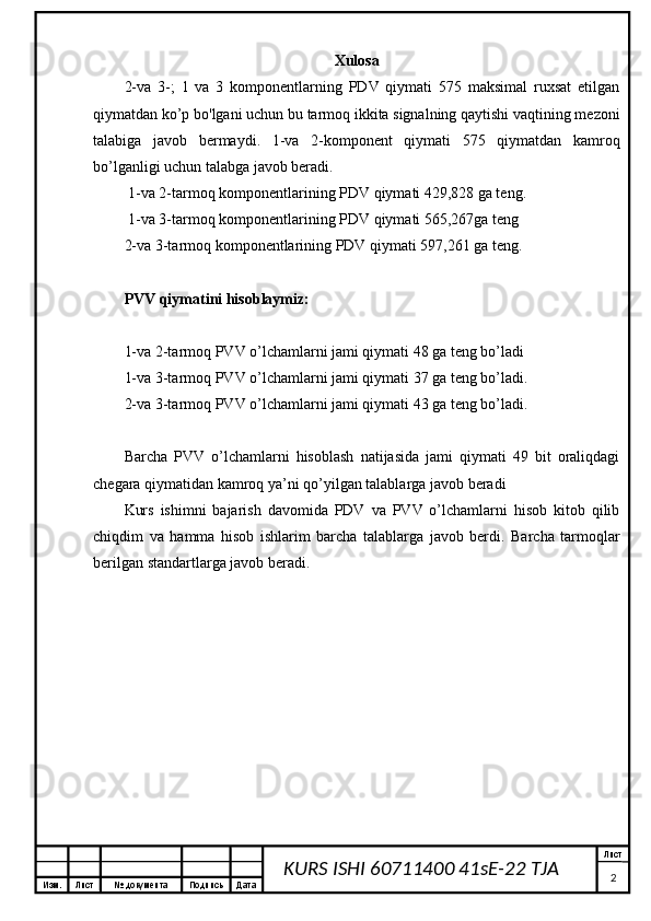 Изм. Лист №  документа Подпись Дата Лист
2KURS ISHI 60711400 41sE-22 TJA  Xulosa
2-va   3-;   1   va   3   komponentlarning   PDV   qiymati   575   maksimal   ruxsat   etilgan
qiymatdan ko’p bo'lgani uchun bu tarmoq ikkita signalning qaytishi vaqtining mezoni
talabiga   javob   bermaydi.   1-va   2-komponent   qiymati   575   qiymatdan   kamroq
bo’lganligi uchun talabga javob beradi.
 1-va 2-tarmoq komponentlarining PDV qiymati 429,828 ga teng.
 1-va 3-tarmoq komponentlarining PDV qiymati 565,267ga teng
2-va 3-tarmoq komponentlarining PDV qiymati 597,261 ga teng.
PVV qiymatini hisoblaymiz:
1-va 2-tarmoq PVV o’lchamlarni jami qiymati 48 ga teng bo’ladi
1-va 3-tarmoq PVV o’lchamlarni jami qiymati 37 ga teng bo’ladi.
2-va 3-tarmoq PVV o’lchamlarni jami qiymati 43 ga teng bo’ladi.
Barcha   PVV   o’lchamlarni   hisoblash   natijasida   jami   qiymati   49   bit   oraliqdagi
chegara qiymatidan kamroq ya’ni qo’yilgan talablarga javob beradi
Kurs   ishimni   bajarish   davomida   PDV   va   PVV   o’lchamlarni   hisob   kitob   qilib
chiqdim   va   hamma   hisob   ishlarim   barcha   talablarga   javob   berdi.   Barcha   tarmoqlar
berilgan standartlarga javob beradi. 