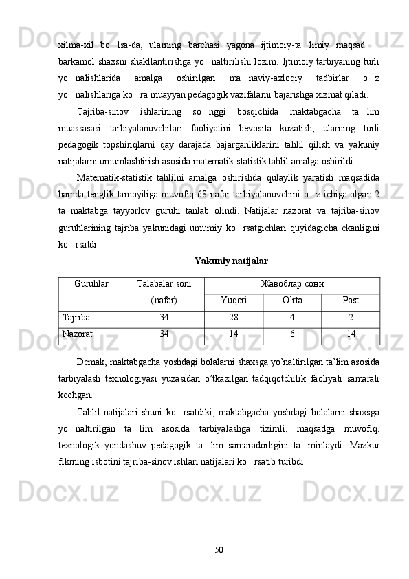 xilma-xil   bo lsa-da,   ularning   barchasi   yagona   ijtimoiy-ta limiy   maqsad    
barkamol shaxsni  shakllantirishga yo naltirilishi lozim. Ijtimoiy tarbiyaning turli	

yo nalishlarida   amalga   oshirilgan   ma naviy-axloqiy   tadbirlar   o z	
  
yo nalishlariga ko ra muayyan pedagogik vazifalarni bajarishga xizmat qiladi. 
 
Tajriba-sinov   ishlarining   so nggi   bosqichida   maktabgacha   ta lim	
 
muassasasi   tarbiyalanuvchilari   faoliyatini   bevosita   kuzatish,   ularning   turli
pedagogik   topshiriqlarni   qay   darajada   bajarganliklarini   tahlil   qilish   va   yakuniy
natijalarni umumlashtirish asosida matematik-statistik tahlil amalga oshirildi. 
Matematik-statistik   tahlilni   amalga   oshirishda   qulaylik   yaratish   maqsadida
hamda tenglik tamoyiliga muvofiq 68 nafar tarbiyalanuvchini o z ichiga olgan 2	

ta   maktabga   tayyorlov   guruhi   tanlab   olindi.   Natijalar   nazorat   va   tajriba-sinov
guruhlarining   tajriba   yakunidagi   umumiy   ko rsatgichlari   quyidagicha   ekanligini	

ko rsatdi:   	

Yakuniy natijalar
Guruhlar Talabalar soni
(nafar) Жавоблар сони
Yuqori O’rta  Past 
Tajriba 34 28 4 2
Nazorat 34 14 6 14
Demak, maktabgacha yoshdagi bolalarni shaxsga yo’naltirilgan ta’lim asosida
tarbiyalash   texnologiyasi   yuzasidan   o’tkazilgan   tadqiqotchilik   faoliyati   samarali
kechgan.
Tahlil   natijalari   shuni   ko rsatdiki,   maktabgacha   yoshdagi   bolalarni   shaxsga	

yo naltirilgan   ta lim   asosida   tarbiyalashga   tizimli,   maqsadga   muvofiq,	
 
texnologik   yondashuv   pedagogik   ta lim   samaradorligini   ta minlaydi.   Mazkur	
 
fikrning isbotini tajriba-sinov ishlari natijalari ko rsatib turibdi.	

   
50 