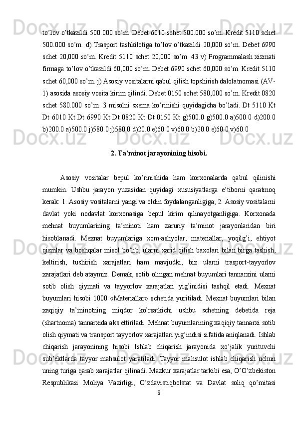 to’lov o’tkazildi 500.000 so’m. Debet 6010 schet 500.000 so’m. Kredit 5110 schet
500.000 so’m. d) Trasport tashkilotiga to’lov o’tkazildi 20,000 so’m. Debet 6990
schet 20,000 so’m. Kredit 5110 schet 20,000 so’m. 43 v) Programmalash xizmati
firmaga to’lov o’tkazildi 60,000 so’m. Debet 6990 schet 60,000 so’m. Kredit 5110
schet 60,000 so’m. j) Asosiy vositalarni qabul qilish topshirish dalolatnomasi (AV-
1) asosida asosiy vosita kirim qilindi. Debet 0150 schet 580,000 so’m. Kredit 0820
schet   580.000  so’m.  3  misolni   sxema  ko’rinishi   quyidagicha  bo’ladi.  Dt   5110  Kt
Dt 6010 Kt Dt 6990 Kt Dt 0820 Kt Dt 0150 Kt g)500.0 g)500.0 a)500.0 d)200.0
b)200.0 a)500.0 j)580.0 j)580.0 d)20.0 e)60.0 v)60.0 b)20.0 e)60.0 v)60.0 
2. Ta’minot jarayonining hisobi.
Asosiy   vositalar   bepul   ko’rinishida   ham   korxonalarda   qabul   qilinishi
mumkin.   Ushbu   jarayon   yuzasidan   quyidagi   xususiyatlarga   e’tiborni   qaratmoq
kerak: 1. Asosiy vositalarni yangi va oldin foydalanganligiga; 2. Asosiy vositalarni
davlat   yoki   nodavlat   korxonasiga   bepul   kirim   qilinayotganligiga.   Korxonada
mehnat   buyumlarining   ta’minoti   ham   zaruriy   ta’minot   jarayonlaridan   biri
hisoblanadi.   Mexnat   buyumlariga   xom-ashyolar,   materiallar,   yoqilg’i,   ehtiyot
qismlar va boshqalar misol bo’lib, ularni xarid qilish baxolari bilan birga tashish,
keltirish,   tushirish   xarajatlari   ham   mavjudki,   biz   ularni   trasport-tayyorlov
xarajatlari deb ataymiz. Demak, sotib olingan mehnat buyumlari tannarxini ularni
sotib   olish   qiymati   va   tayyorlov   xarajatlari   yig’inidisi   tashqil   etadi.   Mexnat
buyumlari   hisobi   1000   «Materiallar»   schetida   yuritiladi.   Mexnat   buyumlari   bilan
xaqiqiy   ta’minotning   miqdor   ko’rsatkichi   ushbu   schetning   debetida   reja
(shartnoma) tannarxida aks ettiriladi. Mehnat buyumlarining xaqiqiy tannarxi sotib
olish qiymati va transport tayyorlov xarajatlari yig’indisi sifatida aniqlanadi. Ishlab
chiqarish   jarayonining   hisobi   Ishlab   chiqarish   jarayonida   xo’jalik   yurituvchi
sub’ektlarda   tayyor   mahsulot   yaratiladi.   Tayyor   mahsulot   ishlab   chiqarish   uchun
uning turiga qarab xarajatlar qilinadi. Mazkur xarajatlar tarkibi esa, O’O’zbekiston
Respublikasi   Moliya   Vazirligi,   O’zdavistiqbolstat   va   Davlat   soliq   qo’mitasi
8 