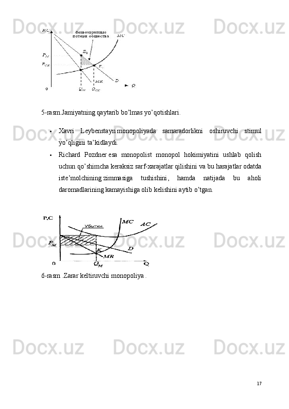 5-rasm.Jamiyatning qaytarib bo’lmas yo’qotishlari.
 Xavri   Leybenstayn   monopoliyada   samaradorlikni   oshiruvchi   stimul
yo’qligini ta’kidlaydi.
 Richard   Pozdner   esa   monopolist   monopol   hokimiyatini   ushlab   qolish
uchun qo’shimcha keraksiz sarf-xarajatlar qilishini va bu harajatlar odatda
iste’molchining   zimmasiga   tushishini ,   hamda   natijada   bu   aholi
daromadlarining kamayishiga olib kelishini aytib o’tgan.
6-rasm .Zarar keltiruvchi monopoliya .
17