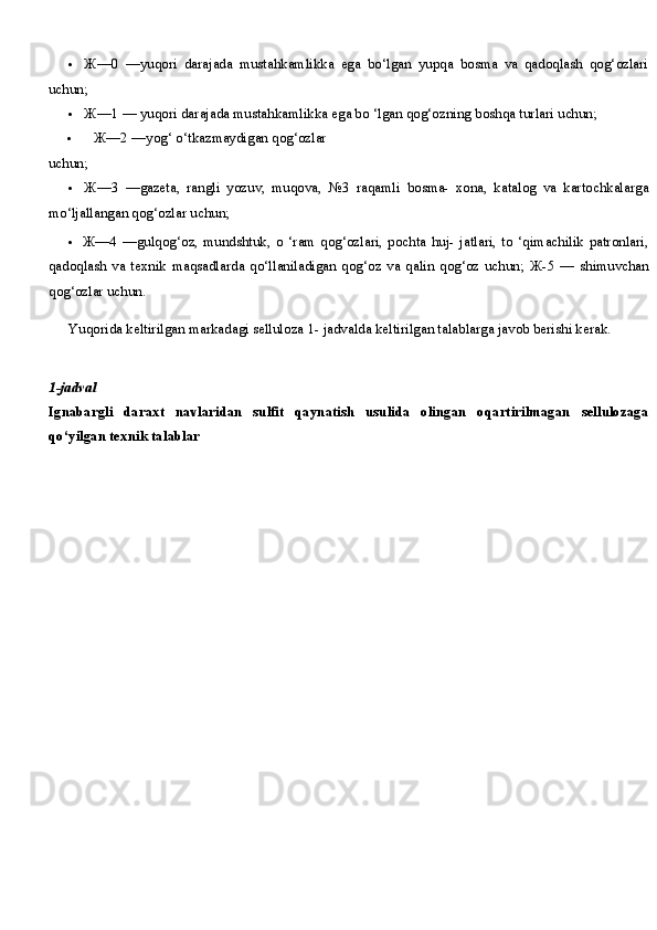 • Ж—0   —yuqori   darajada   mustahkamlikka   ega   bo‘lgan   yupqa   bosma   va   qadoqlash   qog‘ozlari
uchun;
• Ж—1 —  yuqori darajada mustahkamlikka ega bo ‘lgan qog‘ozning boshqa turlari uchun;
• Ж—2  —yog‘ o‘tkazmaydigan qog‘ozlar
uchun;
• Ж—3   —gazeta,   rangli   yozuv,   muqova,   №3   raqamli   bosma-   xona,   katalog   va   kartochkalarga
mo‘ljallangan qog‘ozlar uchun;
• Ж—4   —gulqog‘oz,   mundshtuk,   o  ‘ram   qog‘ozlari,   pochta   huj-   jatlari,  to  ‘qimachilik   patronlari,
qadoqlash   va   texnik   maqsadlarda   qo‘llaniladigan   qog‘oz   va   qalin   qog‘oz   uchun;   Ж-5   —   shimuvchan
qog‘ozlar uchun.
Yuqorida keltirilgan markadagi selluloza  1-  jadvalda keltirilgan talablarga javob berishi kerak.
1-jadval
Ignabargli   daraxt   navlaridan   sulfit   qaynatish   usulida   olingan   oqartirilmagan   sellulozaga
qo‘yilgan texnik talablar