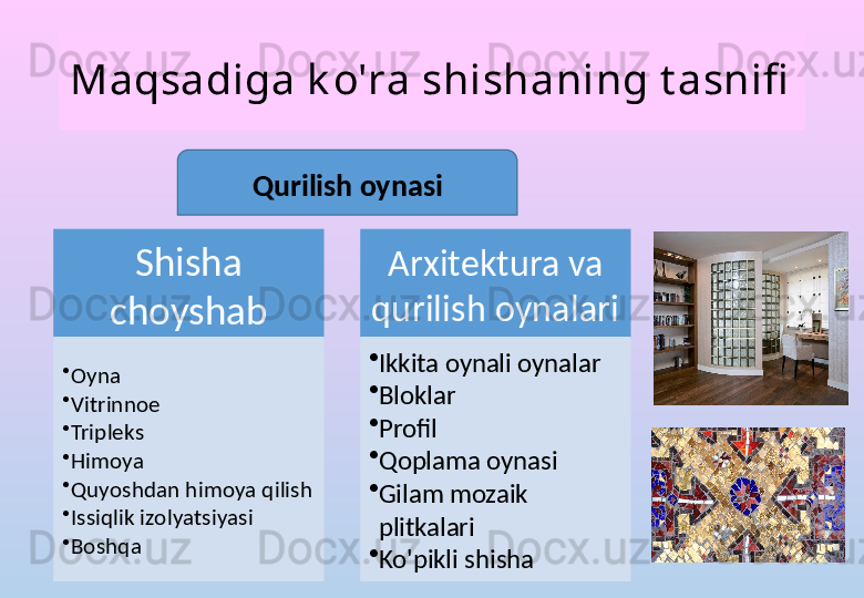 Maqsadiga k o'ra shishaning t asnifi
Qurilish oynasi
Shisha 
choyshab
•
Oyna
•
Vitrinnoe
•
Tripleks
•
Himoya
•
Quyoshdan himoya qilish
•
Issiqlik izolyatsiyasi
•
Boshqa Arxitektura va 
qurilish oynalari
•
Ikkita oynali oynalar
•
Bloklar
•
Profil
•
Qoplama oynasi
•
Gilam mozaik 
plitkalari
•
Ko'pikli shisha 