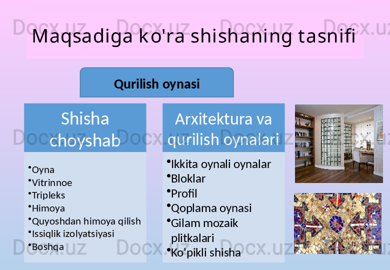 Maqsadiga k o'ra shishaning t asnifi
Qurilish oynasi
Shisha 
choyshab
•
Oyna
•
Vitrinnoe
•
Tripleks
•
Himoya
•
Quyoshdan himoya qilish
•
Issiqlik izolyatsiyasi
•
Boshqa Arxitektura va 
qurilish oynalari
•
Ikkita oynali oynalar
•
Bloklar
•
Profil
•
Qoplama oynasi
•
Gilam mozaik 
plitkalari
•
Ko'pikli shisha