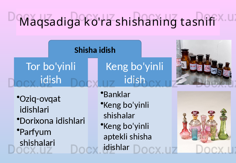 Maqsadiga k o'ra shishaning t asnifi
Shisha idish
Tor bo'yinli 
idish
•
Oziq-ovqat 
idishlari
•
Dorixona idishlari
•
Parfyum 
shishalari Keng bo'yinli 
idish
•
Banklar
•
Keng bo'yinli 
shishalar
•
Keng bo'yinli 
aptekli shisha 
idishlar