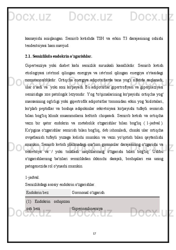 kamayishi   aniqlangan.   Semirib   ketishda   TSH   va   erkin   T3   darajasining   oshishi
tendentsiyasi ham mavjud.
2.1. Semizlikda endokrin o'zgarishlar.
Gipertenziya   yoki   diabet   kabi   semizlik   surunkali   kasallikdir.   Semirib   ketish
etiologiyasi   iste'mol   qilingan   energiya   va   iste'mol   qilingan   energiya   o'rtasidagi
nomutanosiblikdir.   Ortiqcha   energiya   adipotsitlarda   tana   yog'i   sifatida   saqlanadi,
ular o'sadi va   yoki soni ko'payadi. Bu adipotsitlar gipertrofiyasi va giperplaziyasi
semirishga   xos   patologik  lezyondir.   Yog  'to'qimalarining   ko'payishi   ortiqcha   yog'
massasining og'irligi yoki gipertrofik adipotsitlar tomonidan erkin yog 'kislotalari,
ko'plab   peptidlar   va   boshqa   adipokinlar   sekretsiyasi   ko'payishi   tufayli   semirish
bilan   bog'liq   klinik   muammolarni   keltirib   chiqaradi.   Semirib   ketish   va   ortiqcha
vazn   bir   qator   endokrin   va   metabolik   o'zgarishlar   bilan   bog'liq   (   1-jadval   ).
Ko'pgina   o'zgarishlar   semirish   bilan   bog'liq,   deb   ishoniladi,   chunki   ular   ortiqcha
ovqatlanish   tufayli   yuzaga   kelishi   mumkin   va   vazn   yo'qotish   bilan   qaytarilishi
mumkin.  Semirib  ketish  plazmadagi   ma'lum   gormonlar  darajasining  o'zgarishi   va
sekretsiya   va   /   yoki   tozalash   naqshlarining   o'zgarishi   bilan   bog'liq.   Ushbu
o'zgarishlarning   ba'zilari   semizlikdan   ikkinchi   darajali,   boshqalari   esa   uning
patogenezida rol o'ynashi mumkin.
1-jadval.
Semizlikdagi asosiy endokrin o'zgarishlar.
Endokrin bez   Gormonal o'zgarish  
(1)   Endokrin   oshqozon
osti bezi   Giperinsulinemiya  
17 
