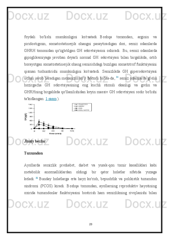 foydali   bo'lishi   mumkinligini   ko'rsatadi.     Boshqa   tomondan,   arginin   va
piridostigmin,   somatostatinerjik   ohangni   pasaytiradigan   dori,   semiz   odamlarda
GHRH tomonidan qo'zg'atilgan  GH sekretsiyasini  oshiradi.     Bu, semiz  odamlarda
gipoglikemiyaga   javoban   deyarli   normal   GH   sekretsiyasi   bilan   birgalikda,   ortib
borayotgan somatostatinerjik ohang semirishdagi buzilgan somatotrof funktsiyasini
qisman   tushuntirishi   mumkinligini   ko'rsatadi.   Semizlikda   GH   gipersekretsiyasi
uchun javob beradigan mexanizm ko'p faktorli bo'lsa-da,   26
  semiz odamlarda grelin
hozirgacha   GH   sekretsiyasining   eng   kuchli   stimuli   ekanligi   va   grelin   va
GHRHning birgalikda qo'llanilishidan keyin massiv GH sekretsiyasi sodir bo'lishi
ta'kidlangan.   1-rasm   ).
Jinsiy bezlar
Tuxumdon
Ayollarda   semizlik   prediabet,   diabet   va   yurak-qon   tomir   kasalliklari   kabi
metabolik   anormalliklardan   oldingi   bir   qator   holatlar   sifatida   yuzaga
keladi.   31
  Bunday   holatlarga   erta   hayz   ko'rish,   bepushtlik   va   polikistik   tuxumdon
sindromi   (PCOS)   kiradi.   Boshqa   tomondan,   ayollarning   reproduktiv   hayotining
oxirida   tuxumdonlar   funktsiyasini   bostirish   ham   semizlikning   rivojlanishi   bilan
23 