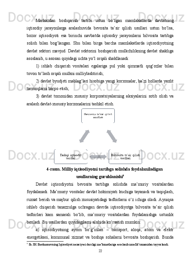 Markazdan   boshqarish   tartibi   ustun   bo‘lgan   mamlakatlarda   davlatning
iqtisodiy   jarayonlarga   aralashuvida   bevosita   ta’sir   qilish   usullari   ustun   bo‘lsa,
bozor   iqtisodiyoti   esa   birinchi   navbatda   iqtisodiy   jarayonlarni   bilvosita   tartibga
solish   bilan   bog‘langan.   Shu   bilan   birga   barcha   mamlakatlarda   iqtisodiyotning
davlat sektori mavjud. Davlat sektorini boshqarish mulkchilikning davlat shakliga
asoslanib, u asosan quyidagi uchta yo‘l orqali shakllanadi:
1)   ishlab   chiqarish   vositalari   egalariga   pul   yoki   qimmatli   qog‘ozlar   bilan
tovon to‘lash orqali mulkni milliylashtirish;
2) davlat byudjeti mablag‘lari hisobiga yangi korxonalar, ba’zi hollarda yaxlit
tarmoqlarni barpo etish;
3)   davlat   tomonidan   xususiy   korporatsiyalarning   aksiyalarini   sotib   olish   va
aralash davlat-xususiy korxonalarini tashkil etish.
4-rasm. Milliy iqtisodiyotni tartibga solishda foydalaniladigan
usullarning guruhlanishi 9
Davlat   iqtisodiyotni   bevosita   tartibga   solishda   ma’muriy   vositalardan
foydalanadi.  Ma’muriy vositalar  davlat  hokimiyati  kuchiga  tayanadi  va taqiqlash,
ruxsat berish va majbur qilish xususiyatidagi tadbirlarni o‘z ichiga oladi. Ayniqsa
ishlab   chiqarish   tanazzulga   uchragan   davrda   iqtisodiyotga   bilvosita   ta’sir   qilish
tadbirlari   kam   samarali   bo‘lib,   ma’muriy   vositalardan   foydalanishga   ustunlik
beriladi. Bu usullardan quyidagilarni alohida ko‘rsatish mumkin: 
a)   iqtisodiyotning   ayrim   bo‘g‘inlari   –   transport,   aloqa,   atom   va   elektr
energetikasi,   kommunal   xizmat   va   boshqa   sohalarni   bevosita   boshqarish.   Bunda
9
 Sh.SH.Shodmonovning Iqtisodiyot nazariyasi darsligi ma’lumotlariga asoslanib muallif tomonidan tayyorlandi.
22 