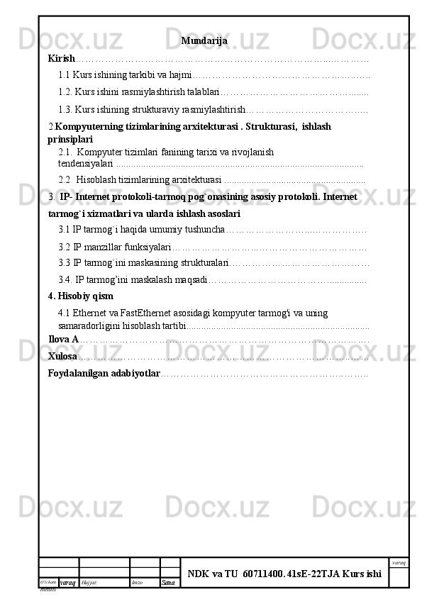 O’lcha m
mm m varaq Hujjat: Imzo
Sana  varaq
NDK va TU  60711400 .   41sE -2 2 TJA  Kurs ishiMundarija
Kirish …………………………………………………………………...…………
1.1 Kurs ishining tarkibi va hajmi…………………………………………..…..
1.2. Kurs ishini rasmiylashtirish talablari…………………………………........
1.3. Kurs ishining strukturaviy rasmiylashtirish……………………………..…
2. Kompyuterning tizimlarining arxitekturasi . Strukturasi,  ishlash  
prinsiplari
2.1.    Kompyuter tizimlari fanining tarixi va rivojlanish 
tendensiyalari ....................................................................................................
2.2     Hisoblash tizimlarining arxitekturasi .........................................................
3.    IP- Internet protokoli-tarmoq pog`onasining asosiy protokoli. Internet 
tarmog`i xizmatlari va ularda ishlash asoslari
3.1   IP tarmog`i haqida umumiy tushuncha ……………………...……………..
3.2 IP manzillar funksiyalari ……………………...……………………………
3.3  IP tarmog`ini maskasining strukturalari. ……………………………………
3.4. IP tarmog’ini maskalash maqsadi ………………………………................
4. Hisobiy qism
4.1 Ethernet va FastEthernet asosidagi kompyuter tarmog'i va uning 
samaradorligini hisoblash tartibi..........................................................................
Ilova A …………………………………………………………………………….
Xulosa ………………………………………………………………………..……
Foydalanilgan adabiyotlar ………………………………………………..…….. 