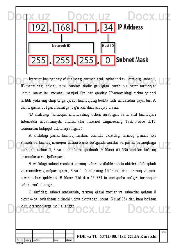 O’lcha m
mm m varaq Hujjat: Imzo
Sana  varaq
NDK va TU  60711400 .   41sE -2 2 TJA  Kurs ishiInternet   har   qanday   o'lchamdagi   tarmoqlarni   joylashtirishi   kerakligi   sababli,
IP-manzildagi   sekizli   simi   qanday   sindirilganligiga   qarab   bir   qator   tarmoqlar
uchun   manzillar   sxemasi   mavjud.   Siz   har   qanday   IP-manzildagi   uchta   yuqori
tartibli yoki eng chap bitga qarab, tarmoqning beshta turli sinflaridan qaysi biri A
dan E gacha bo'lgan manzilga to'g'ri kelishini aniqlay olasiz.
(D   sinfidagi   tarmoqlar   multicasting   uchun   ajratilgan   va   E   sinf   tarmoqlari
Internetda   ishlatilmaydi,   chunki   ular   Internet   Engineering   Task   Force   IETF
tomonidan tadqiqot uchun ajratilgan.)
A   sinfidagi   pastki   tarmoq   maskasi   birinchi   oktetdagi   tarmoq   qismini   aks
ettiradi   va   tarmoq   menejeri   uchun   kerak   bo'lganda   xostlar   va   pastki   tarmoqlarga
bo'linishi   uchun   2,   3   va   4   oktetlarni   qoldiradi.   A   klassi   65   536   xostdan   ko'proq
tarmoqlarga mo'ljallangan.
B sinfidagi subnet maskasi tarmoq uchun dastlabki ikkita oktetni talab qiladi
va   manzilning   qolgan   qismi,   3   va   4   oktetlarning   16   bitini   ichki   tarmoq   va   xost
qismi   uchun   qoldiradi.   B   klassi   256   dan   65   534   ta   xostgacha   bo'lgan   tarmoqlar
uchun mo'ljallangan.
C   sinfidagi   subnet   maskasida,   tarmoq   qismi   xostlar   va   subnetlar   qolgan   8
oktet 4-da joylashgan birinchi uchta oktetadan iborat.   S sinf 254 dan kam bo'lgan
kichik tarmoqlarga mo'ljallangan.