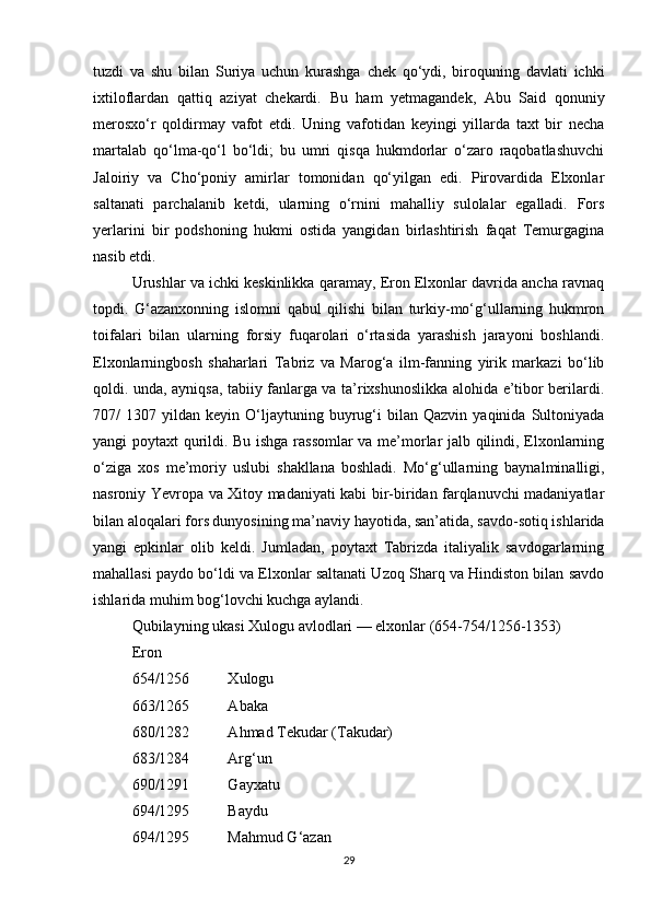 tuzdi   va   shu   bilan   Suriya   uchun   kurashga   chek   qo‘ydi,   biroquning   davlati   ichki
ixtiloflardan   qattiq   aziyat   chekardi.   Bu   ham   yetmagandek,   Abu   Said   qonuniy
merosxo‘r   qoldirmay   vafot   etdi.   Uning   vafotidan   keyingi   yillarda   taxt   bir   necha
martalab   qo‘lma-qo‘l   bo‘ldi;   bu   umri   qisqa   hukmdorlar   o‘zaro   raqobatlashuvchi
Jaloiriy   va   Cho‘poniy   amirlar   tomonidan   qo‘yilgan   edi.   Pirovardida   Elxonlar
saltanati   parchalanib   ketdi,   ularning   o‘rnini   mahalliy   sulolalar   egalladi.   Fors
yerlarini   bir   podshoning   hukmi   ostida   yangidan   birlashtirish   faqat   Temurgagina
nasib etdi.
Urushlar va ichki keskinlikka qaramay, Eron Elxonlar davrida ancha ravnaq
topdi.   G‘azanxonning   islomni   qabul   qilishi   bilan   turkiy-mo‘g‘ullarning   hukmron
toifalari   bilan   ularning   forsiy   fuqarolari   o‘rtasida   yarashish   jarayoni   boshlandi.
Elxonlarningbosh   shaharlari   Tabriz   va   Marog‘a   ilm-fanning   yirik   markazi   bo‘lib
qoldi. unda, ayniqsa, tabiiy fanlarga va ta’rixshunoslikka alohida e’tibor berilardi.
707/   1307   yildan  keyin   O‘ljaytuning   buyrug‘i   bilan   Qazvin   yaqinida  Sultoniyada
yangi poytaxt qurildi. Bu ishga rassomlar  va me’morlar jalb qilindi, Elxonlarning
o‘ziga   xos   me’moriy   uslubi   shakllana   boshladi.   Mo‘g‘ullarning   baynalminalligi,
nasroniy Yevropa va Xitoy madaniyati kabi bir-biridan farqlanuvchi madaniyatlar
bilan aloqalari fors dunyosining ma’naviy hayotida, san’atida, savdo-sotiq ishlarida
yangi   epkinlar   olib   keldi.   Jumladan,   poytaxt   Tabrizda   italiyalik   savdogarlarning
mahallasi paydo bo‘ldi va Elxonlar saltanati Uzoq Sharq va Hindiston bilan savdo
ishlarida muhim bog‘lovchi kuchga aylandi.
Qubilayning ukasi Xulogu avlodlari — elxonlar (654-754/1256-1353)
Eron
654/1256          Xulogu
663/1265          Abaka
680/1282          Ahmad Tekudar (Takudar)
683/1284          Arg‘un
690/1291          Gayxatu
694/1295          Baydu
694/1295          Mahmud G‘azan
29 
