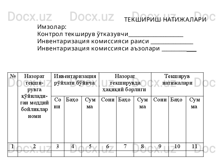 №  Назорат 
текши-
рувга 
қўйилади-
ган моддий 
бойликлар 
номи Инвентаризация 
рўйхати бўйича  Назорат 
текширувда 
ҳақиқий борлиги  Текширув 
натижалари
Со
ни  Баҳо  Сум
ма  Сони  Баҳо  Сум
ма Сони  Баҳо  Сум
ма 
1 2 3 4 5 6 7 8 9 10 11ТЕК ШИРИШ НАТИЖ А ЛА РИ
Им золар:
Контрол тек ш и ру в ў тк азу вчи ______________________
Инвентари заци я к ом и сси яси  раи си  _________________
Инвентари заци я к ом и сси яси  аъзолари  __________ ___ 