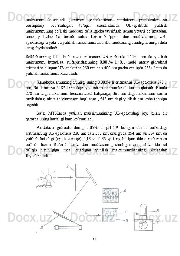 maksimum   kuzatiladi   (kortizon,   gidrokortizon,   prednizon,   prednizolon   va
boshqalar).   Ko’rsatilgan   to lqin   uzunliklarida   UB-spektrda   yutilishʻ
maksimumining bo’lishi moddani to’laligicha tavsiflash uchun yetarli bo’lmasdan,
umumiy   tushuncha   beradi   xolos.   Lekin   ko’pgina   dori   moddalarning   UB-
spektridagi u yoki bu yutilish maksimumidan, shu moddaning chinligini aniqlashda
keng foydalaniladi.
Sefaleksinning   0,002%   li   suvli   eritmasini   UB-spektrida   260+1   nm   da   yutilish
maksimumi   kuzatilsa,   sulfapiridazinning   0,001%   li   0,1   mol/l   natriy   gidroksid
eritmasida olingan UB-spektrida 230 nm dan 400 nm gacha oraliqda 255+2 nm da
yutilish maksimumi kuzatiladi. 
Sianokobalaminning chinligi uning 0.002% li eritmasini UB-spektrida 278 1
nm,   3611   nm   va   548	
∓ 2   nm   dagi   yutilish   maksimumlari   bilan   aniqlanadi.   Bunda
278   nm   dagi   maksimum   benzimidazol   halqasiga,   361   nm   dagi   maksimum   korrin
tuzilishdagi  oltita to’yinmagan bog’larga , 548 nm  dagi  yutilish esa  kobalt  ioniga
tegishli.
Ba’zi   MTXlarda   yutilish   maksimumining   UB-spektrdagi   joyi   bilan   bir
qatorda uning kattaligi ham ko’rsatiladi.
Piridoksin   gidroxloridning   0,05%   li   pH-6,9   bo’lgan   fosfat   buferidagi
eritmasining   UB-spektrida   230   nm   dan   350  nm   oralig’ida  254   nm   va   324  nm   da
yutilish   kattaligi   (optik   zichligi)   0,18   va   0,35   ga   teng   bo’lgan   ikkita   maksimum
bo’lishi   lozim.   Ba’zi   hollarda   dori   moddasining   chinligini   aniqlashda   ikki   xil
to’lqin   uzunligiga   mos   keladigan   yutilish   maksimumilarining   nisbatidan
foydalaniladi.
17 