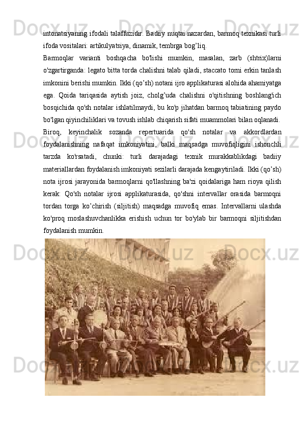 intonatsiyaning ifodali talaffuzidir. Badiiy nuqtai nazardan, barmoq texnikasi turli
ifoda vositalari: artikulyatsiya, dinamik, tembrga bog’liq. 
Barmoqlar   varianti   boshqacha   bo'lishi   mumkin,   masalan,   zarb   (shtrix)larni
o'zgartirganda: legato bitta torda chalishni talab qiladi, staccato torni erkin tanlash
imkonini berishi mumkin. Ikki (qo’sh) notani ijro applikaturasi alohida ahamiyatga
ega.   Qoida   tariqasida   aytish   joiz,   cholg’uda   chalishni   o'qitishning   boshlang'ich
bosqichida qo'sh notalar ishlatilmaydi, bu ko'p jihatdan barmoq tabiatining paydo
bo'lgan qiyinchiliklari va tovush ishlab chiqarish sifati muammolari bilan oqlanadi.
Biroq,   keyinchalik   sozanda   repertuarida   qo'sh   notalar   va   akkordlardan
foydalanishning   nafaqat   imkoniyatini,   balki   maqsadga   muvofiqligini   ishonchli
tarzda   ko'rsatadi,   chunki:   turli   darajadagi   texnik   murakkablikdagi   badiiy
materiallardan foydalanish imkoniyati sezilarli darajada kengaytiriladi. Ikki (qo’sh)
nota   ijrosi   jarayonida   barmoqlarni   qo'llashning   ba'zi   qoidalariga   ham   rioya   qilish
kerak:   Qo'sh   notalar   ijrosi   applikaturasida,   qo'shni   intervallar   orasida   barmoqni
tordan   torga   ko’chirish   (siljitish)   maqsadga   muvofiq   emas.   Intervallarni   ulashda
ko'proq   moslashuvchanlikka   erishish   uchun   tor   bo'ylab   bir   barmoqni   siljitishdan
foydalanish mumkin.
  