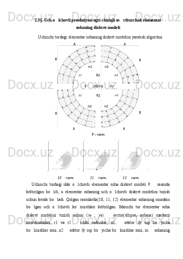 2.3§. Uch o lchovli proeksiyasi egri chiziqli to rtburchak elementar 
sohaning diskret modeli
Uchinchi turdagi elementar sohaning diskret modelini yaratish algoritmi:
9 – rasm
10   rasm	
 11   rasm	 12   rasm	
Uchinchi   turdagi   ikki   o lchovli   elementar   soha   diskret   modeli   9     rasmda	
 
keltirilgan   bo lib,   u   elementar   sohaning   uch   o lchovli   diskret   modelini   tuzish	
 
uchun  kerak   bo ladi.  Qolgan   rasmlarda(10,  11,   12)   elementar   sohaning   mumkin	

bo lgan   uch   o lchovli   ko rinishlari   keltirilgan.   Ikkinchi   tur   elementar   soha	
  
diskret   modelini   tuzish   uchun   ( x 0   ;   y 0 )     sector(ellipse,   aylana)   markazi	

koordinatalari,   r1   va   r2     ichki   radiuslar,   n1     sektor  	
  0y   oqi   bo yicha	
bo linishlar soni, n2   sektor  	
  0y   oqi bo yicha bo linishlar soni, m   sohaning	   