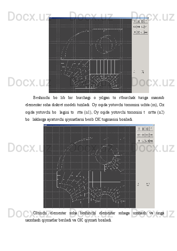 Beshinchi   bo lib   bir   burchagi   o yilgan   to rtburchak   turiga   mansub  
elementar soha diskret modeli tuziladi. Oy oqida yotuvchi tomonini uchta (m), Ox
oqida   yotuvchi   bo lagini   to rtta   (n1),   Oy   oqida   yotuvchi   tomonini   t ortta   (n2)
  
bo laklarga ajratuvchi qiymatlarni berib OK tugmasini bosiladi. 	

Oltinchi   elementar   soha   beshinchi   elementar   sohaga   uxshash   va   unga
uaxshash qiymatlar beriladi va OK qiymati bosiladi. 