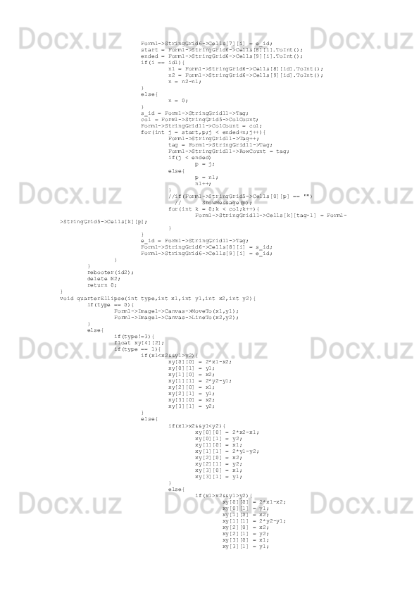                          Form1->StringGrid6->Cells[7][i] = e_id;
                         start = Form1->StringGrid6->Cells[8][i].ToInt();
                         ended = Form1->StringGrid6->Cells[9][i].ToInt();
                         if(i == id1){
                                 n1 = Form1->StringGrid6->Cells[8][id].ToInt();
                                 n2 = Form1->StringGrid6->Cells[9][id].ToInt();
                                 n = n2-n1;
                         }
                         else{
                                 n = 0;
                         }
                         s_id = Form1->StringGrid11->Tag;
                         col = Form1->StringGrid5->ColCount;
                         Form1->StringGrid11->ColCount = col;
                         for(int j = start,p;j < ended+n;j++){
                                 Form1->StringGrid11->Tag++;
                                 tag = Form1->StringGrid11->Tag;
                                 Form1->StringGrid11->RowCount = tag;
                                 if(j < ended)
                                         p = j;
                                 else{
                                         p = n1;
                                         n1++;
                                 }
                                 //if(Form1->StringGrid5->Cells[0][p] == "")
                                   //      ShowMessage(p);
                                 for(int k = 0;k < col;k++){
                                         Form1->StringGrid11->Cells[k][tag-1] = Form1-
>StringGrid5->Cells[k][p];
                                 }
                         }
                         e_id = Form1->StringGrid11->Tag;
                         Form1->StringGrid6->Cells[8][i] = s_id;
                         Form1->StringGrid6->Cells[9][i] = e_id;
                 }
         }
         rebooter(id2);
         delete N2;
         return 0;
}
void quarterEllipse(int type,int x1,int y1,int x2,int y2){
         if(type == 0){
                 Form1->Image1->Canvas->MoveTo(x1,y1);
                 Form1->Image1->Canvas->LineTo(x2,y2);
         }
         else{
                 if(type!=3){
                 float xy[4][2];
                 if(type == 1){
                         if(x1<x2&&y1>y2){
                                 xy[0][0] = 2*x1-x2;
                                 xy[0][1] = y1;
                                 xy[1][0] = x2;
                                 xy[1][1] = 2*y2-y1;
                                 xy[2][0] = x1;
                                 xy[2][1] = y1;
                                 xy[3][0] = x2;
                                 xy[3][1] = y2;
                         }
                         else{
                                 if(x1>x2&&y1<y2){
                                         xy[0][0] = 2*x2-x1;
                                         xy[0][1] = y2;
                                         xy[1][0] = x1;
                                         xy[1][1] = 2*y1-y2;
                                         xy[2][0] = x2;
                                         xy[2][1] = y2;
                                         xy[3][0] = x1;
                                         xy[3][1] = y1;
                                 }
                                 else{
                                         if(x1>x2&&y1>y2){
                                                 xy[0][0] = 2*x1-x2;
                                                 xy[0][1] = y1;
                                                 xy[1][0] = x2;
                                                 xy[1][1] = 2*y2-y1;
                                                 xy[2][0] = x2;
                                                 xy[2][1] = y2;
                                                 xy[3][0] = x1;
                                                 xy[3][1] = y1; 