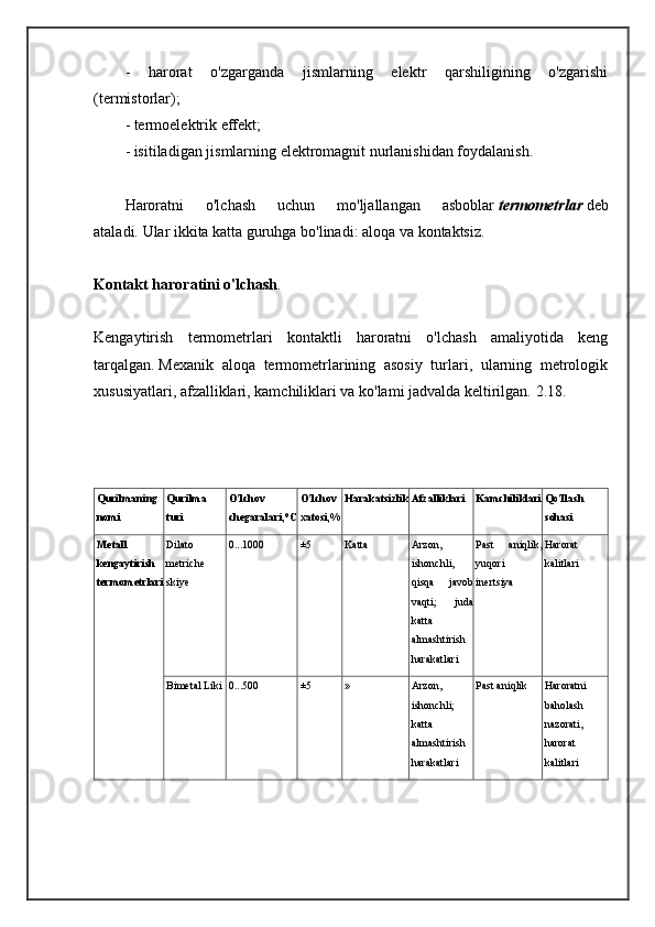 -   harorat   o'zgarganda   jismlarning   elektr   qarshiligining   o'zgarishi
(termistorlar);
- termoelektrik effekt;
- isitiladigan jismlarning elektromagnit nurlanishidan foydalanish.
Haroratni   o'lchash   uchun   mo'ljallangan   asboblar   termometrlar   deb
ataladi.   Ular ikkita katta guruhga bo'linadi: aloqa va kontaktsiz.
Kontakt haroratini o'lchash .
Kengaytirish   termometrlari   kontaktli   haroratni   o'lchash   amaliyotida   keng
tarqalgan.   Mexanik   aloqa   termometrlarining   asosiy   turlari,   ularning   metrologik
xususiyatlari, afzalliklari, kamchiliklari va ko'lami jadvalda keltirilgan.   2.18.
 
Qurilmaning
nomi Qurilma
turi O'lchov
chegaralari,°C O'lchov
xatosi,% Harakatsizlik Afzalliklari Kamchiliklari Qo'llash
sohasi
Metall
kengaytirish
termometrlari Dilato
metriche
skiye 0...1000 ±5 Katta Arzon,
ishonchli,
qisqa   javob
vaqti;   juda
katta
almashtirish
harakatlari Past   aniqlik,
yuqori
inertsiya Harorat
kalitlari
Bimetal Liki 0...500 ±5 » Arzon,
ishonchli;
katta
almashtirish
harakatlari Past aniqlik Haroratni
baholash
nazorati,
harorat
kalitlari 