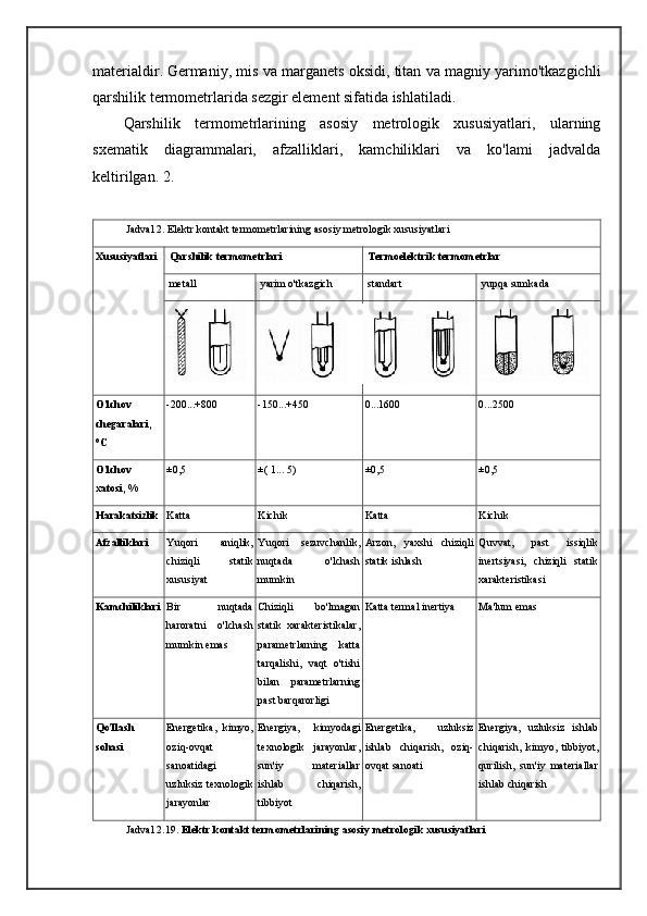 materialdir.   Germaniy, mis va marganets oksidi, titan va magniy yarimo'tkazgichli
qarshilik termometrlarida sezgir element sifatida ishlatiladi.
Qarshilik   termometrlarining   asosiy   metrologik   xususiyatlari,   ularning
sxematik   diagrammalari,   afzalliklari,   kamchiliklari   va   ko'lami   jadvalda
keltirilgan.   2.
Jadval 2.   Elektr kontakt termometrlarining asosiy metrologik xususiyatlari
Xususiyatlari Qarshilik termometrlari Termoelektrik termometrlar
metall yarim o'tkazgich standart yupqa sumkada
O'lchov
chegaralari,
°C -200...+800 -150...+450 0...1600 0...2500
O'lchov
xatosi, % ±0,5 ±( 1... 5) ±0,5 ±0,5
Harakatsizlik Katta Kichik Katta Kichik
Afzalliklari Yuqori   aniqlik,
chiziqli   statik
xususiyat Yuqori   sezuvchanlik,
nuqtada   o'lchash
mumkin Arzon,   yaxshi   chiziqli
statik ishlash Quvvat,   past   issiqlik
inertsiyasi,   chiziqli   statik
xarakteristikasi
Kamchiliklari Bir   nuqtada
haroratni   o'lchash
mumkin emas Chiziqli   bo'lmagan
statik   xarakteristikalar,
parametrlarning   katta
tarqalishi,   vaqt   o'tishi
bilan   parametrlarning
past barqarorligi Katta termal inertiya Ma'lum emas
Qo'llash
sohasi Energetika,   kimyo,
oziq-ovqat
sanoatidagi
uzluksiz texnologik
jarayonlar Energiya,   kimyodagi
texnologik   jarayonlar,
sun'iy   materiallar
ishlab   chiqarish,
tibbiyot Energetika,   uzluksiz
ishlab   chiqarish,   oziq-
ovqat sanoati Energiya,   uzluksiz   ishlab
chiqarish,   kimyo,   tibbiyot,
qurilish,   sun'iy   materiallar
ishlab chiqarish
Jadval 2.19.   Elektr kontakt termometrlarining asosiy metrologik xususiyatlari 